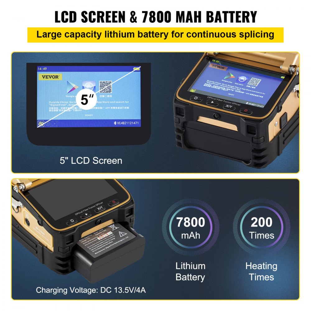 VEVOR AI-8 Fiber Fusion Splicer with 6 Seconds Splicing Time Melting 15 Seconds Heating Fusion Splicer Machine Optical Fiber Cleaver Kit for Optical Fiber & Cable Projects for Railway Electric Power