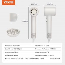 VEVOR Hair Dryer 102,000 RPM, 200 Million Negative Ions, 3-Color LED Temperature Lighting and 2 Speeds, Hair Dryer with Diffuser and Nozzle for Home and Travel