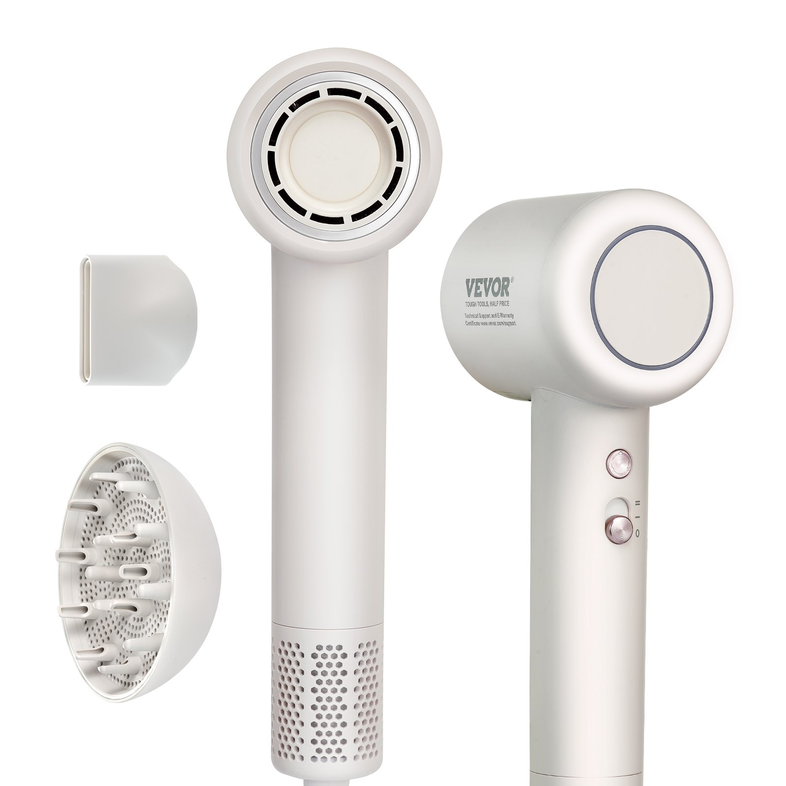VEVOR Föhn 102.000 RPM, 200 miljoen negatieve ionen, 3-kleurige LED-temperatuurverlichting en 2 snelheden, Föhn met diffuser en mondstuk voor thuis en op reis