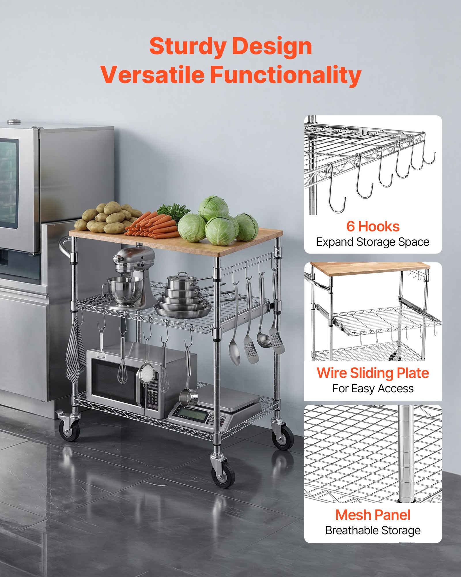 VEVOR 3-laags keukentrolley, robuuste serveerwagen tot 300 kg, rolwagen met in hoogte verstelbare draadplanken, handgreep en werkblad, metalen plank op wielen voor keuken en garage, 762 x 457 x 914 mm