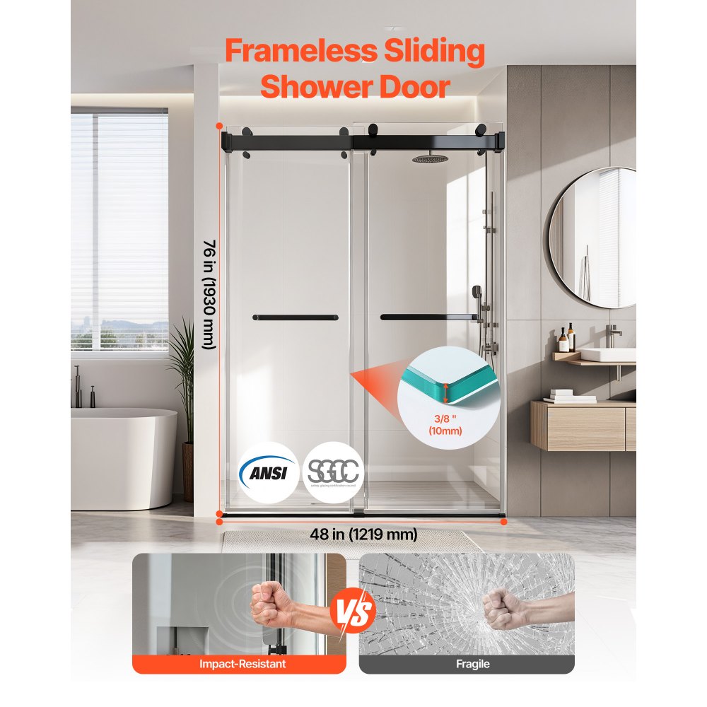 VEVOR Frameless Shower Door, 48" W x 76" H, Shower Sliding Glass Door with 3/8" (10 mm) Thick Clear Tempered Glass, Noiseless Shatterproof Nano Coating, with Rail, Seal Strip and Hardware Kit