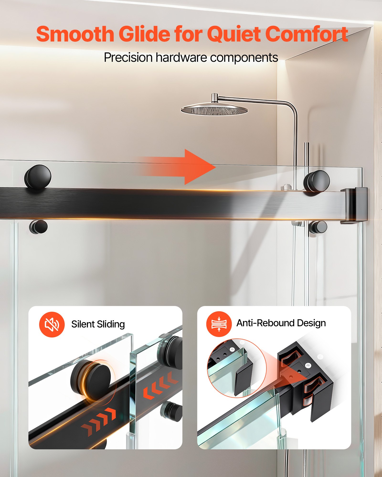 VEVOR Frameless Shower Door, 48" W x 76" H, Shower Sliding Glass Door with 3/8" (10 mm) Thick Clear Tempered Glass, Noiseless Shatterproof Nano Coating, with Rail, Seal Strip and Hardware Kit