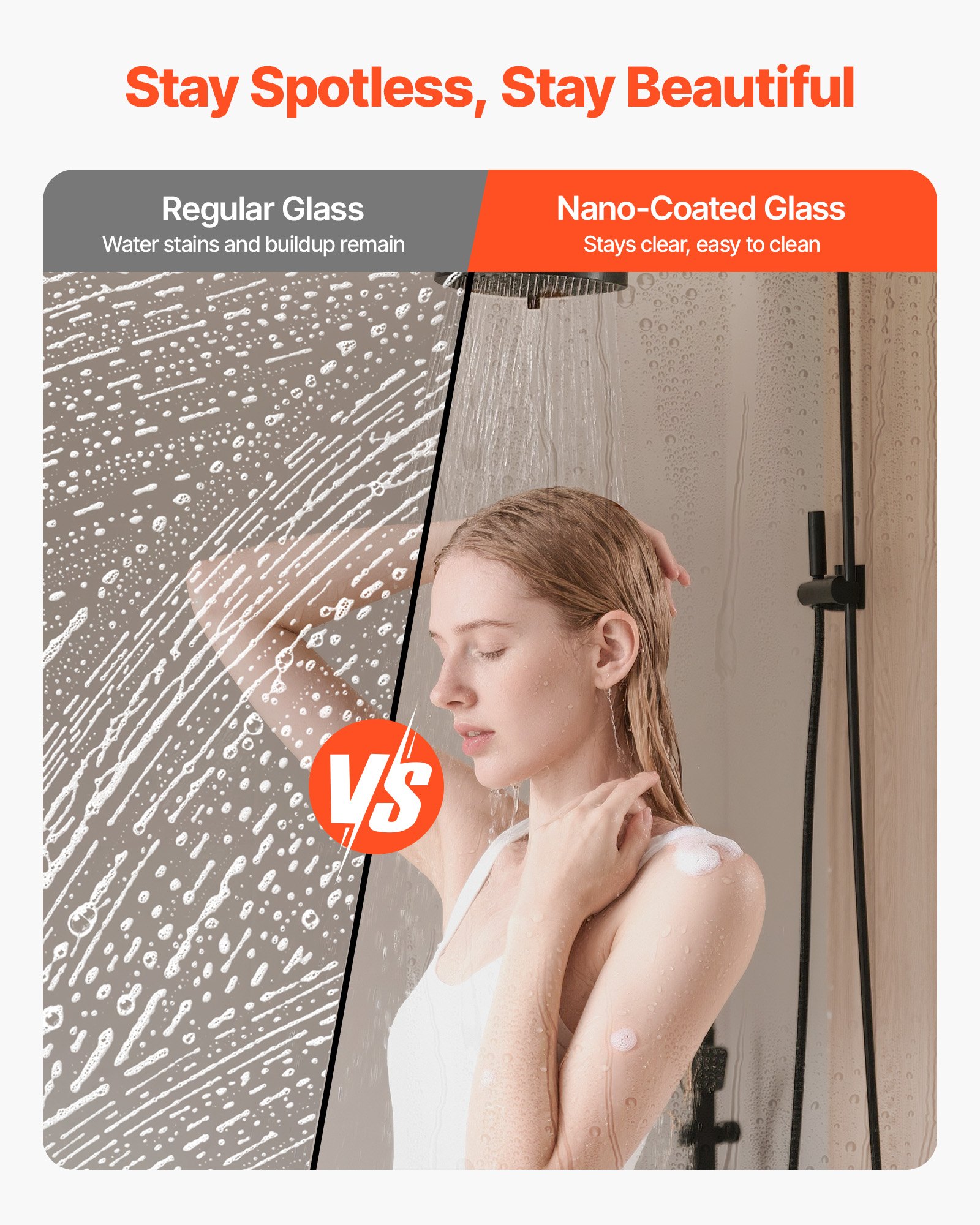 VEVOR Frameless Shower Door, 48" W x 76" H, Shower Sliding Glass Door with 3/8" (10 mm) Thick Clear Tempered Glass, Noiseless Shatterproof Nano Coating, with Rail, Seal Strip and Hardware Kit