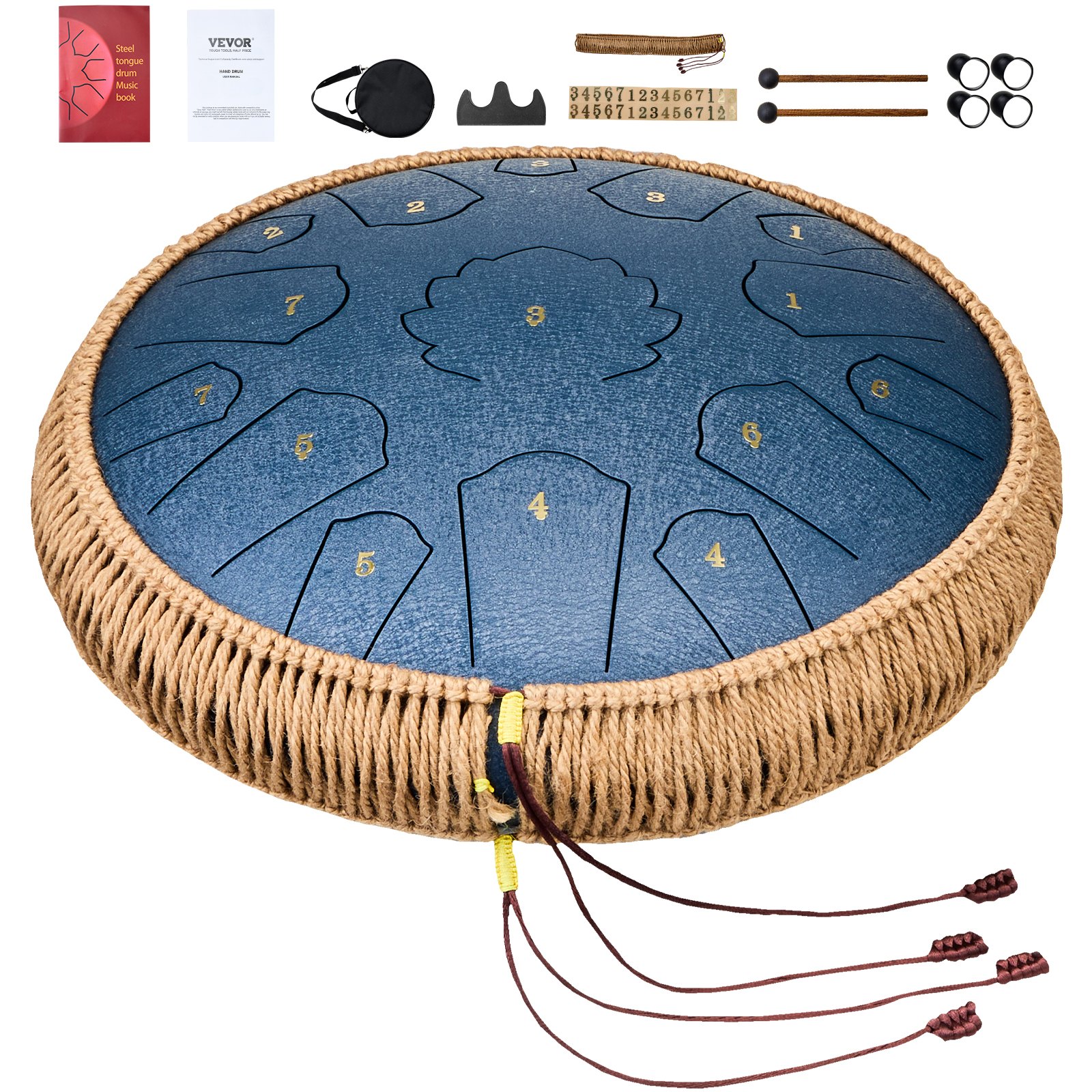 VEVOR Tongue Drum 356mm, stalen tongtrommel 15 tonen, regentrommel in D majeur toonsoort, regenklokkenspel met 2 stokken en draagtas, handpantrommel, percussie-instrument voor muzieklessen en yoga, blauw