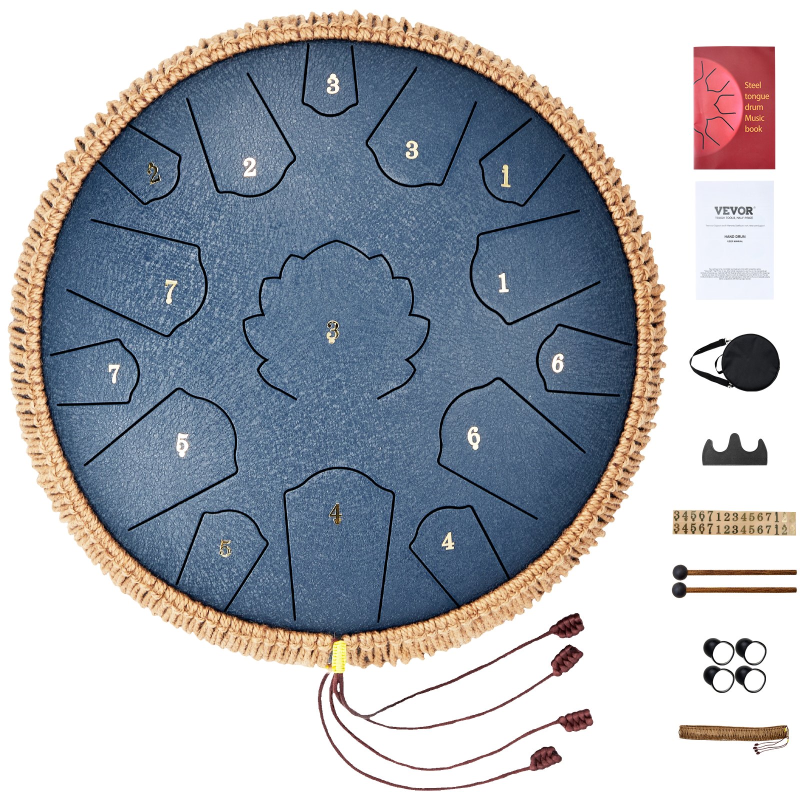 VEVOR Steel Tongue Drum, 14 in & 15 Notes, Rain Drum for Outside Garden, D Major Key, Tank Drum with 2 Mallets & Carry Bag, Hand Pan Drum Percussion Instrument for Musical Education Yoga, Navy Blue