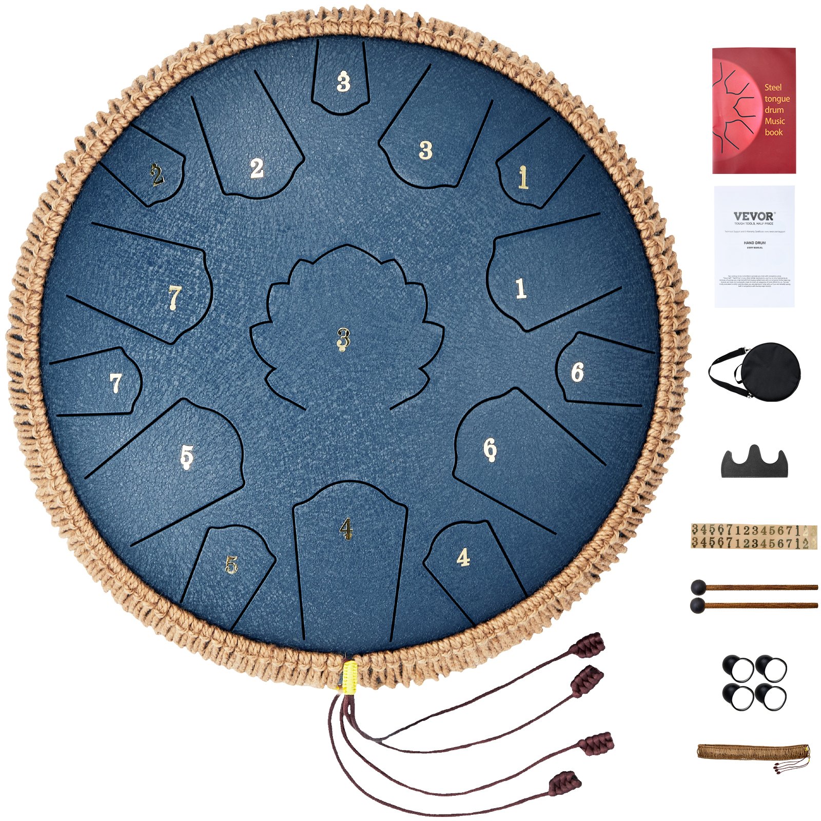 VEVOR Tongue Drum 356 mm, Steel Tongue Drum 15 Tonen, Rain Drum, C Majeur Toonsoort, Rain Chimes met 2 Mallets & Draagtas, Handpan Drum, Percussie-instrument voor Muzieklessen & Yoga, Blauw