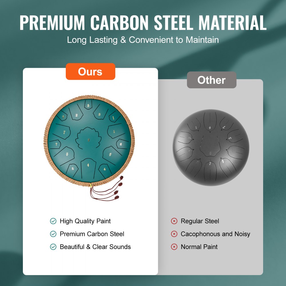 VEVOR Tongue Drum 356 mm, Steel Tongue Drum 15 Tonen, Rain Drum, D Majeur Toonsoort, Rain Chimes met 2 Mallets & Draagtas, Handpan Drum, Percussie-instrument voor Muzieklessen & Yoga, Groen