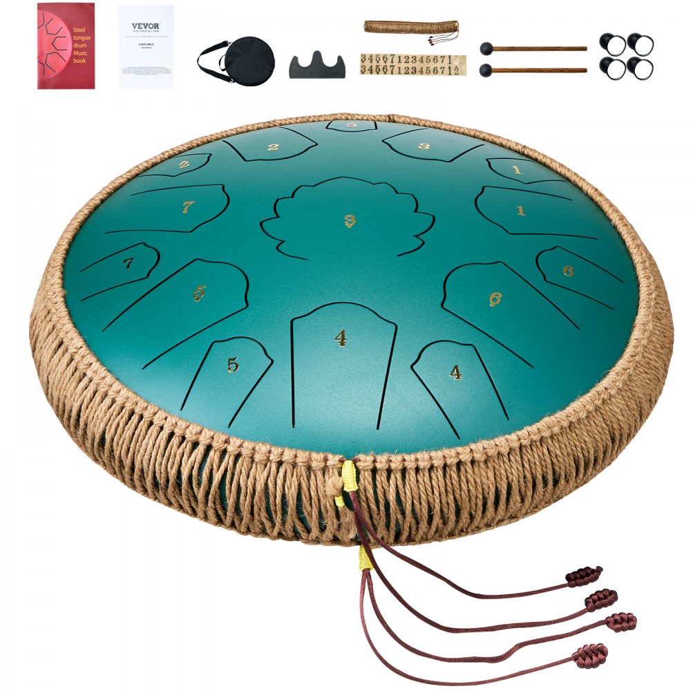VEVOR Tongue Drum 356 mm, Steel Tongue Drum 15 Tonen, Rain Drum, D Majeur Toonsoort, Rain Chimes met 2 Mallets & Draagtas, Handpan Drum, Percussie-instrument voor Muzieklessen & Yoga, Groen