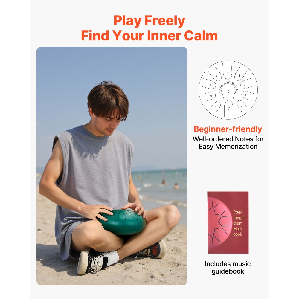 VEVOR Steel Drum, Ø254 mm, 11 tonen, Rain Drum, C majeur, met muziekboek en stokken, percussie-instrument voor meditatie, yoga en muziekonderwijs voor beginners, Steel Tongue Drum Groen