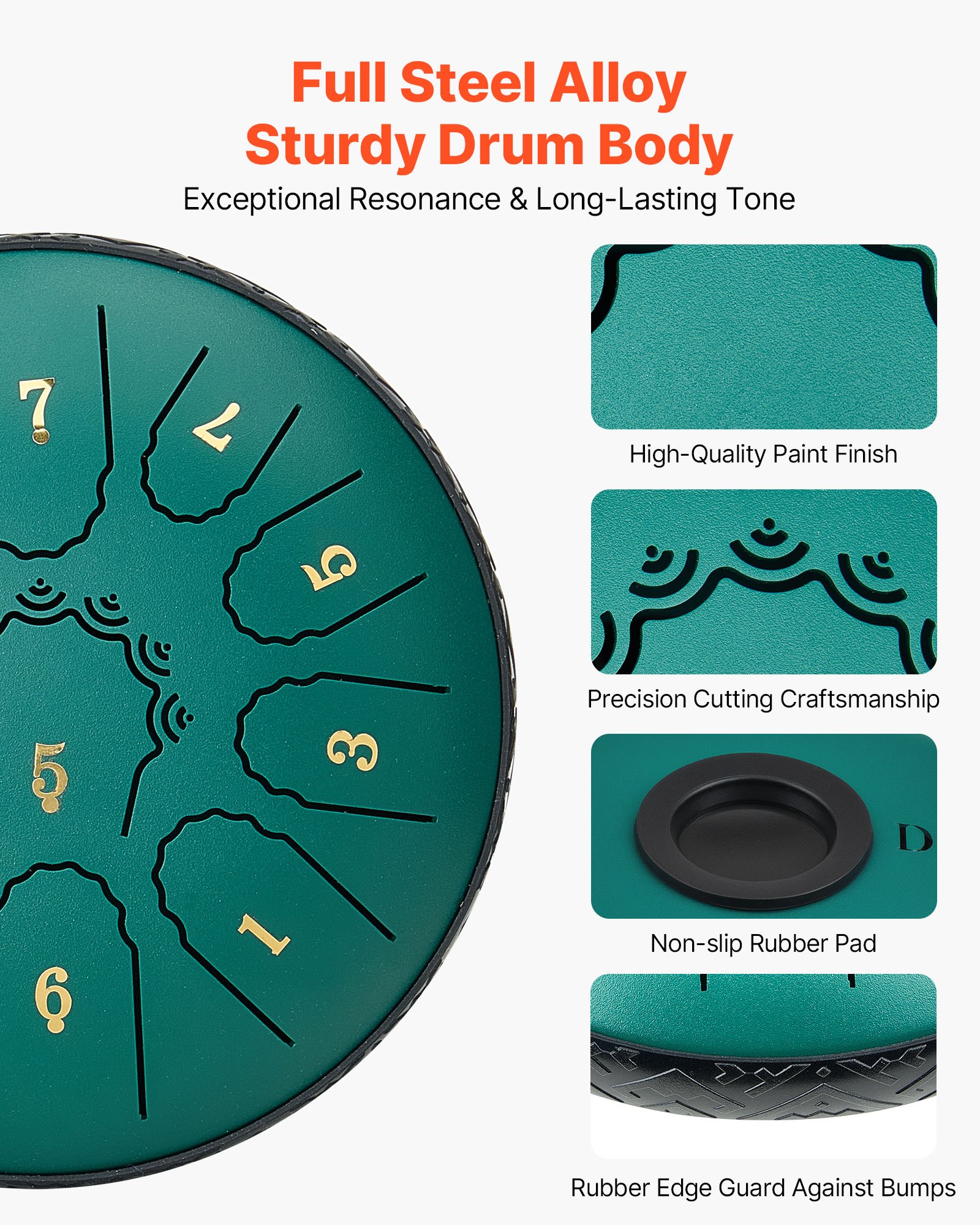 VEVOR Tongue Drum, 165 mm, 11-tonige Rain Drum, D-majeur muziekdrums met muziekboek en mallets, stalen tongdrum, stalen pan, voor meditatie, yoga, beginners, muzieklessen, groen