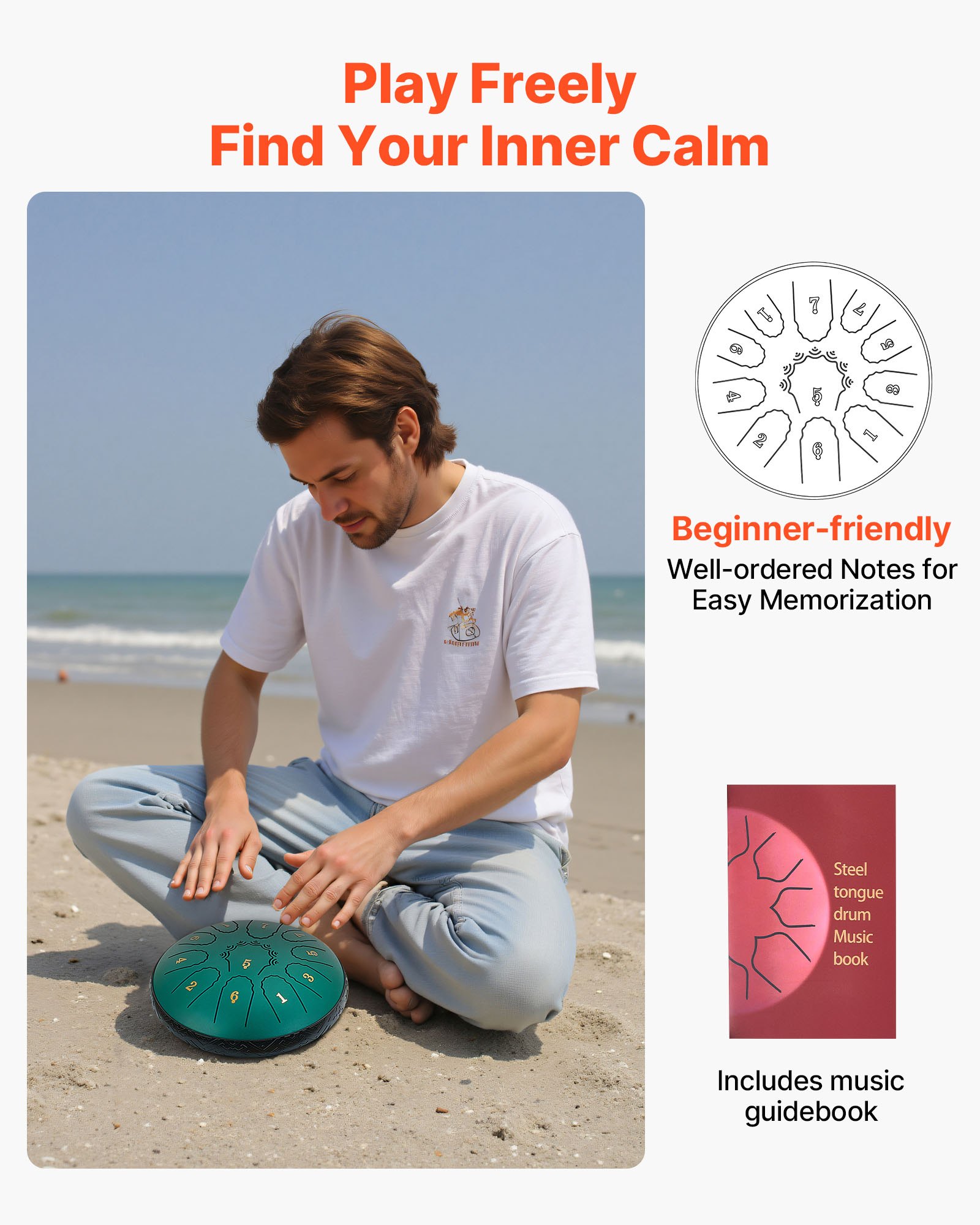 VEVOR Tongue Drum, 165 mm, 11-tonige Rain Drum, D-majeur muziekdrums met muziekboek en mallets, stalen tongdrum, stalen pan, voor meditatie, yoga, beginners, muzieklessen, groen