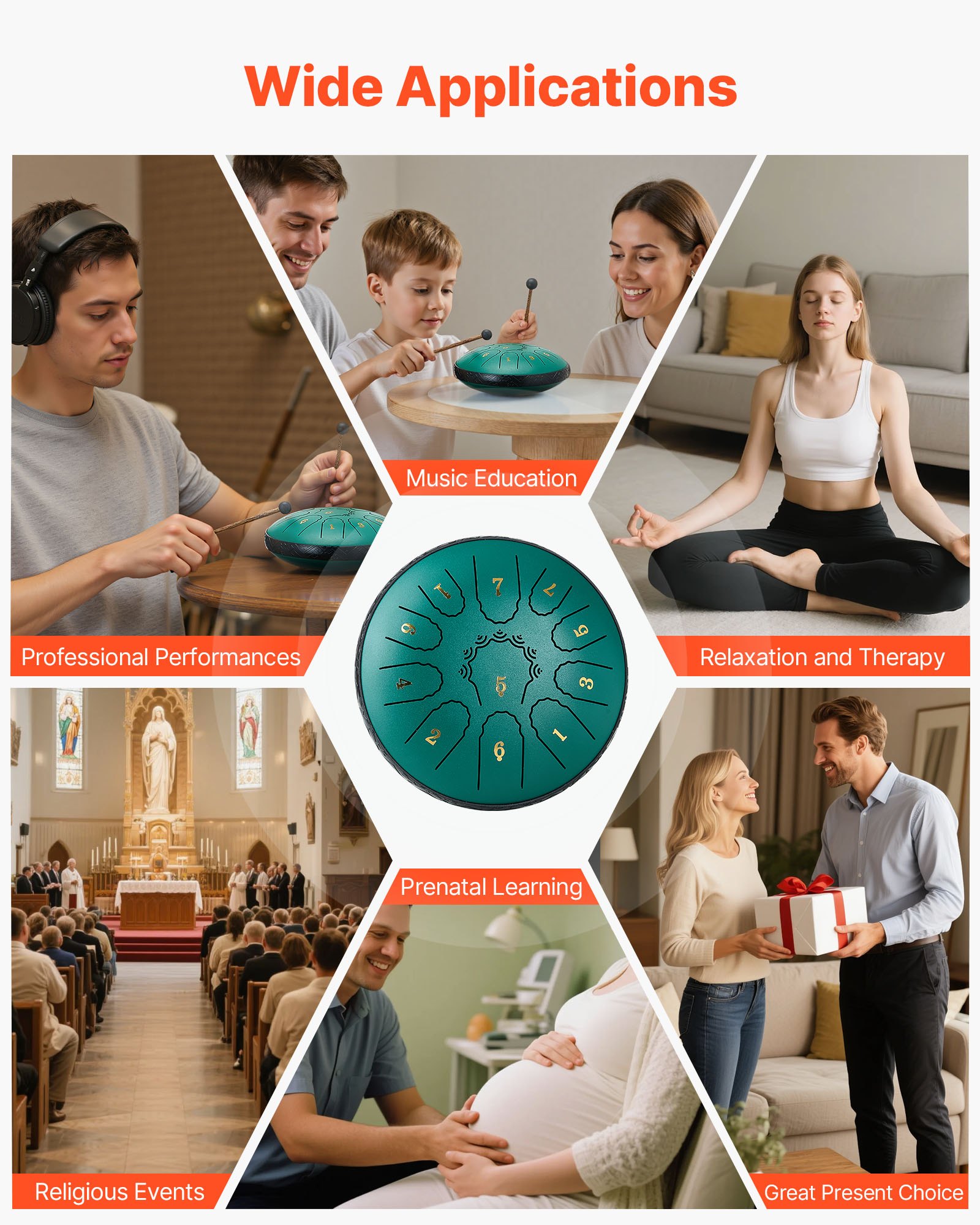 VEVOR Tongue Drum, 165 mm, 11-tonige Rain Drum, D-majeur muziekdrums met muziekboek en mallets, stalen tongdrum, stalen pan, voor meditatie, yoga, beginners, muzieklessen, groen