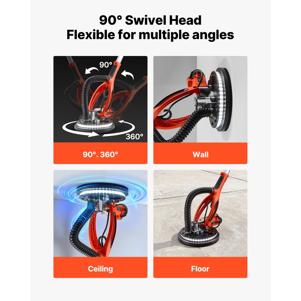 VEVOR Gipsplaatschuurmachine 850 W, Plafondschuurmachine met 255 mm schuurschijf, Schuurmachine met lange steel en een toerental van 800–1700 rpm, Dubbelwandige LED-verlichting, Uitschuifbare handgreep, 15 schuurschijven, Stofslang