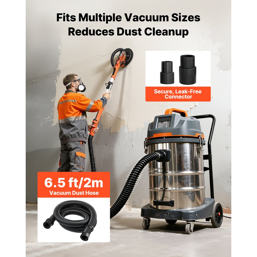 VEVOR Gipsplaatschuurmachine 850 W, Plafondschuurmachine met 255 mm schuurschijf, Schuurmachine met lange steel en een toerental van 800–1700 rpm, Dubbelwandige LED-verlichting, Uitschuifbare handgreep, 15 schuurschijven, Stofslang