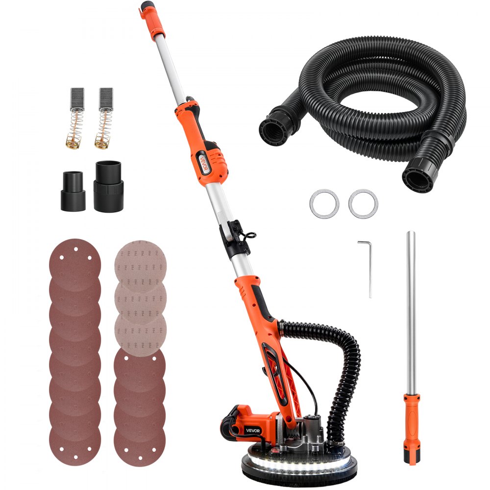 VEVOR Gipsplaatschuurmachine 850 W, Plafondschuurmachine met 255 mm schuurschijf, Schuurmachine met lange steel en een toerental van 800–1700 rpm, Dubbelwandige LED-verlichting, Uitschuifbare handgreep, 15 schuurschijven, Stofslang