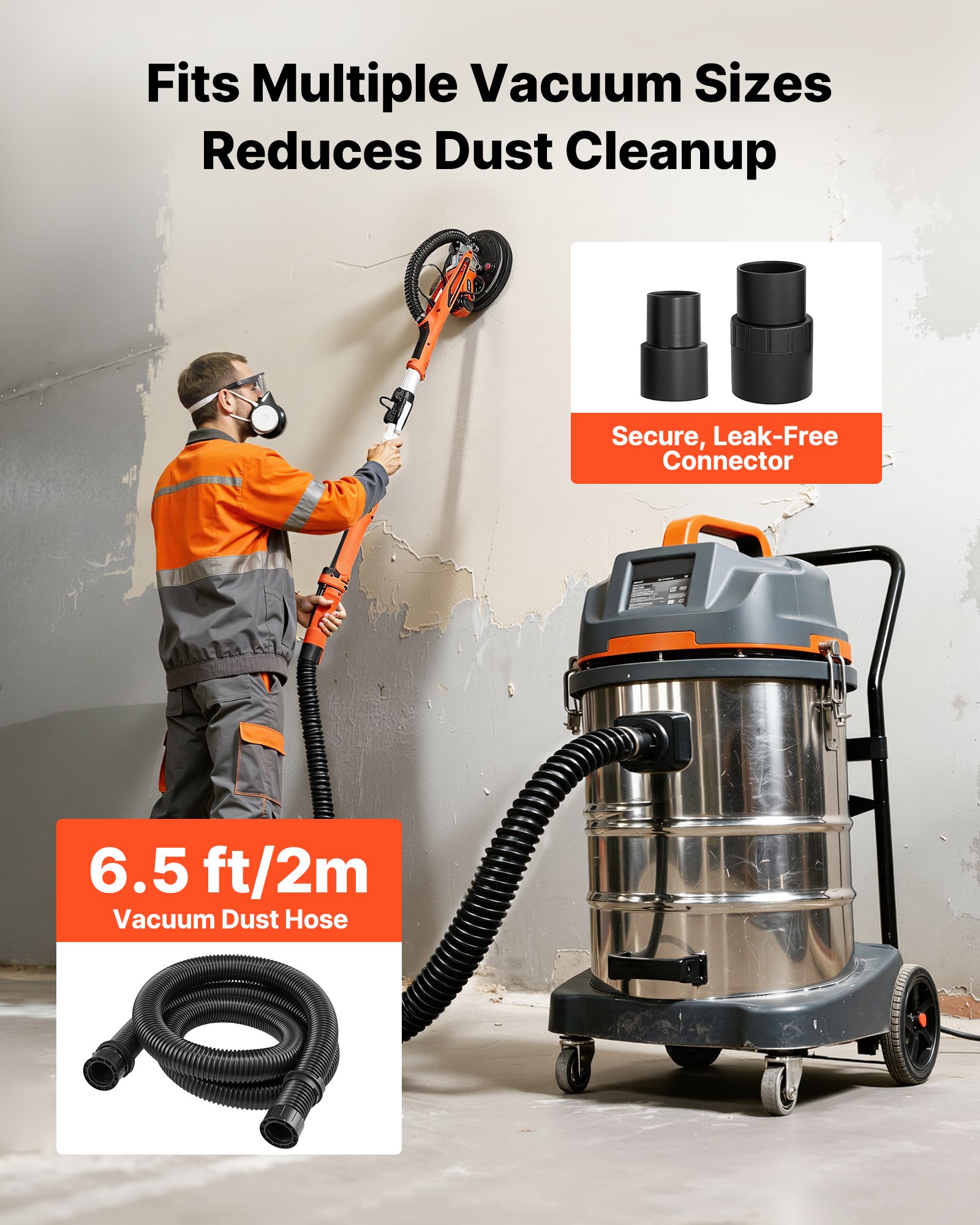 VEVOR Gipsplaatschuurmachine 850 W, Plafondschuurmachine met 255 mm schuurschijf, Schuurmachine met lange steel en een toerental van 800–1700 rpm, Dubbelwandige LED-verlichting, Uitschuifbare handgreep, 15 schuurschijven, Stofslang