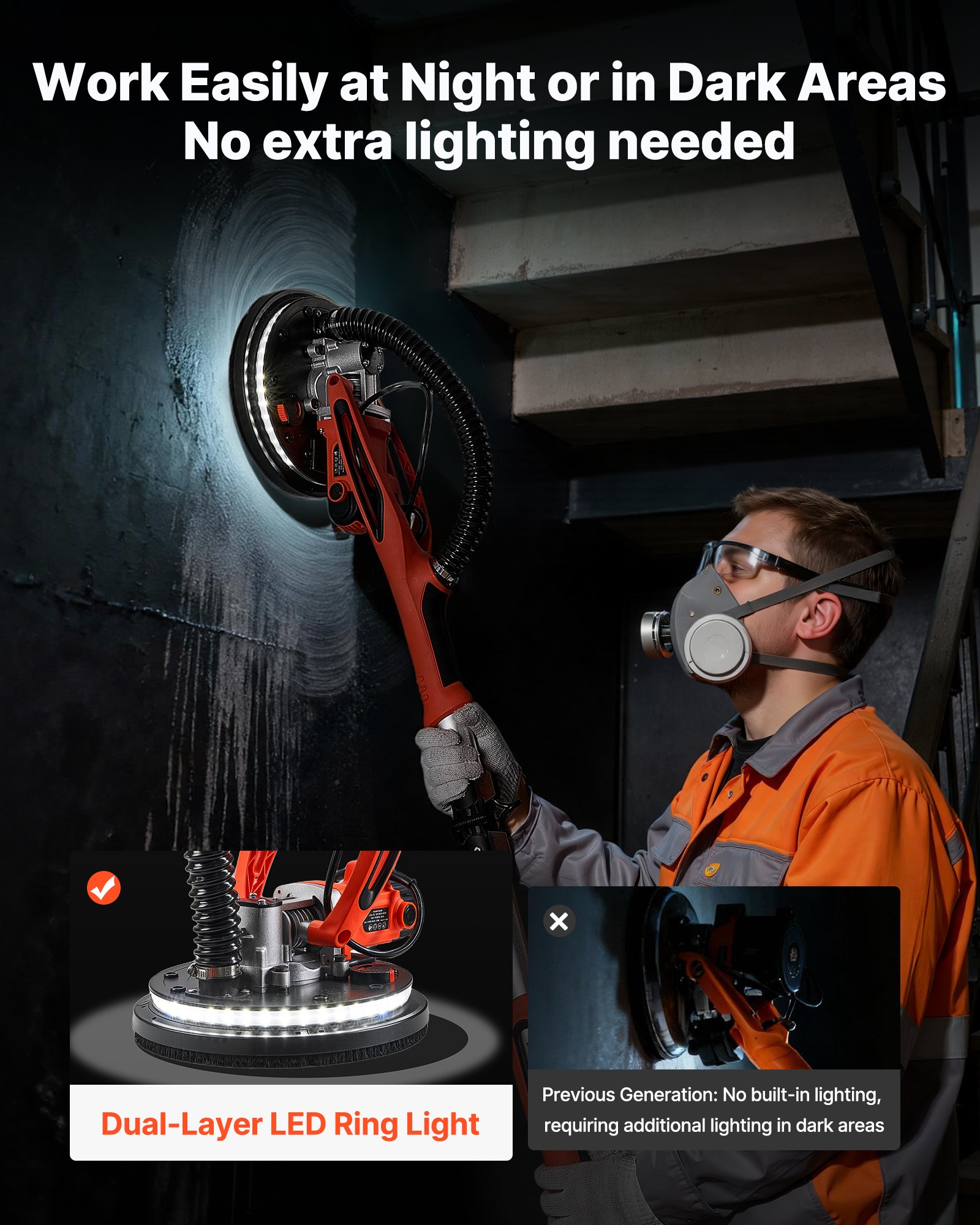 VEVOR Gipsplaatschuurmachine 850 W, Plafondschuurmachine met 255 mm schuurschijf, Schuurmachine met lange steel en een toerental van 800–1700 rpm, Dubbelwandige LED-verlichting, Uitschuifbare handgreep, 15 schuurschijven, Stofslang