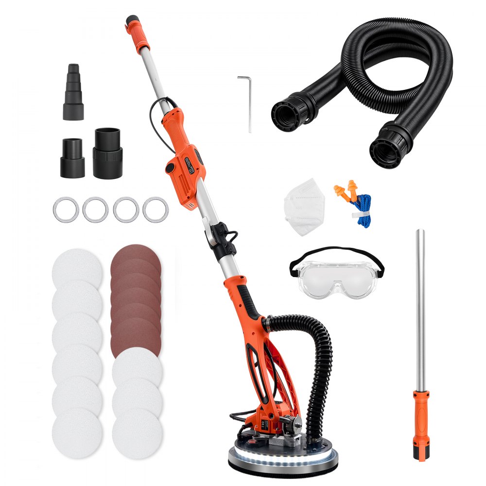 VEVOR Gipsplaatschuurmachine 950 W, Plafondschuurmachine met 255 mm schuurschijf, Schuurmachine met lange steel en een toerental van 1000–2300 rpm, Dubbelwandige LED-verlichting, Uitschuifbare handgreep, 15 schuurschijven, Stofslang