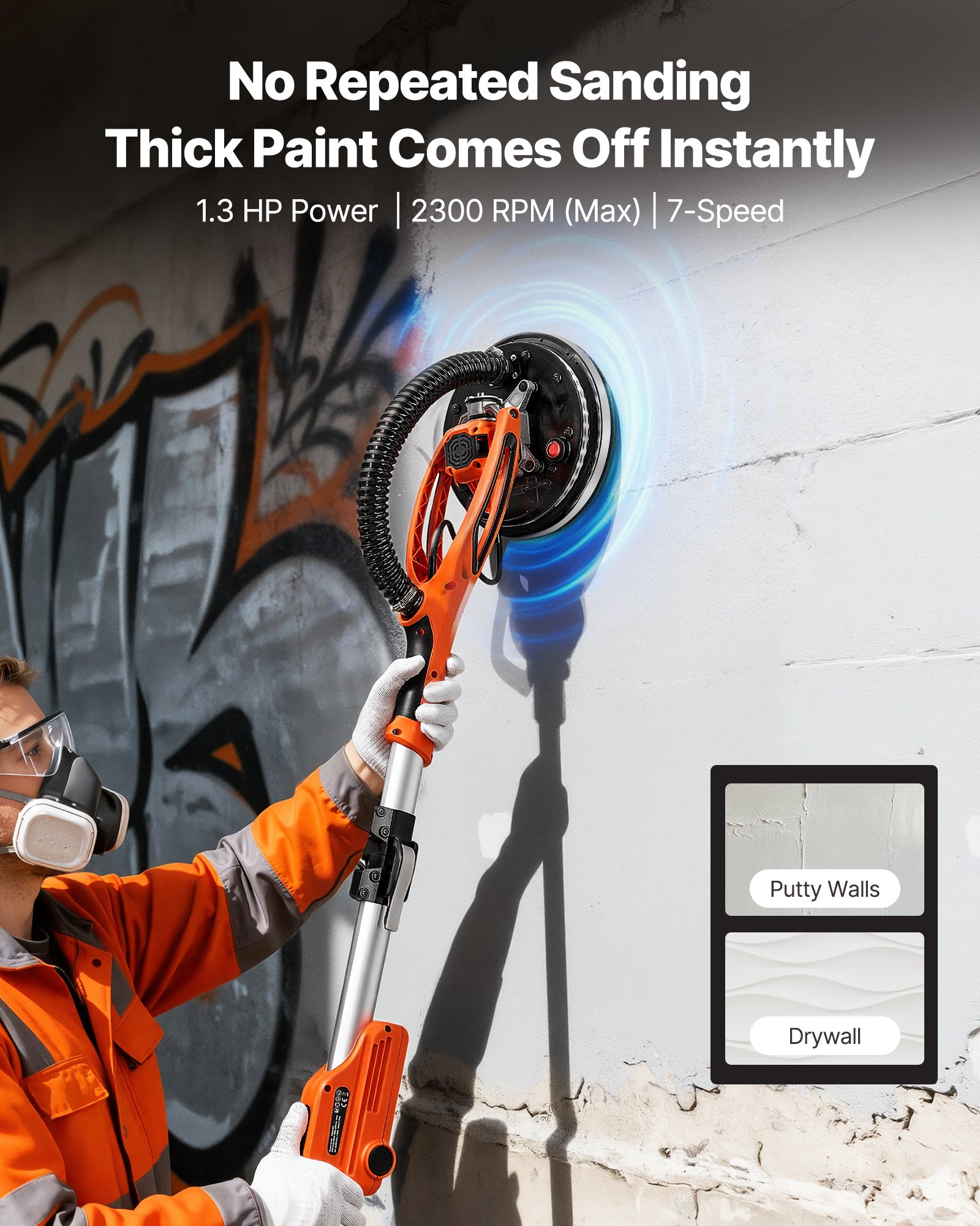 VEVOR Gipsplaatschuurmachine 950 W, Plafondschuurmachine met 255 mm schuurschijf, Schuurmachine met lange steel en een toerental van 1000–2300 rpm, Dubbelwandige LED-verlichting, Uitschuifbare handgreep, 15 schuurschijven, Stofslang