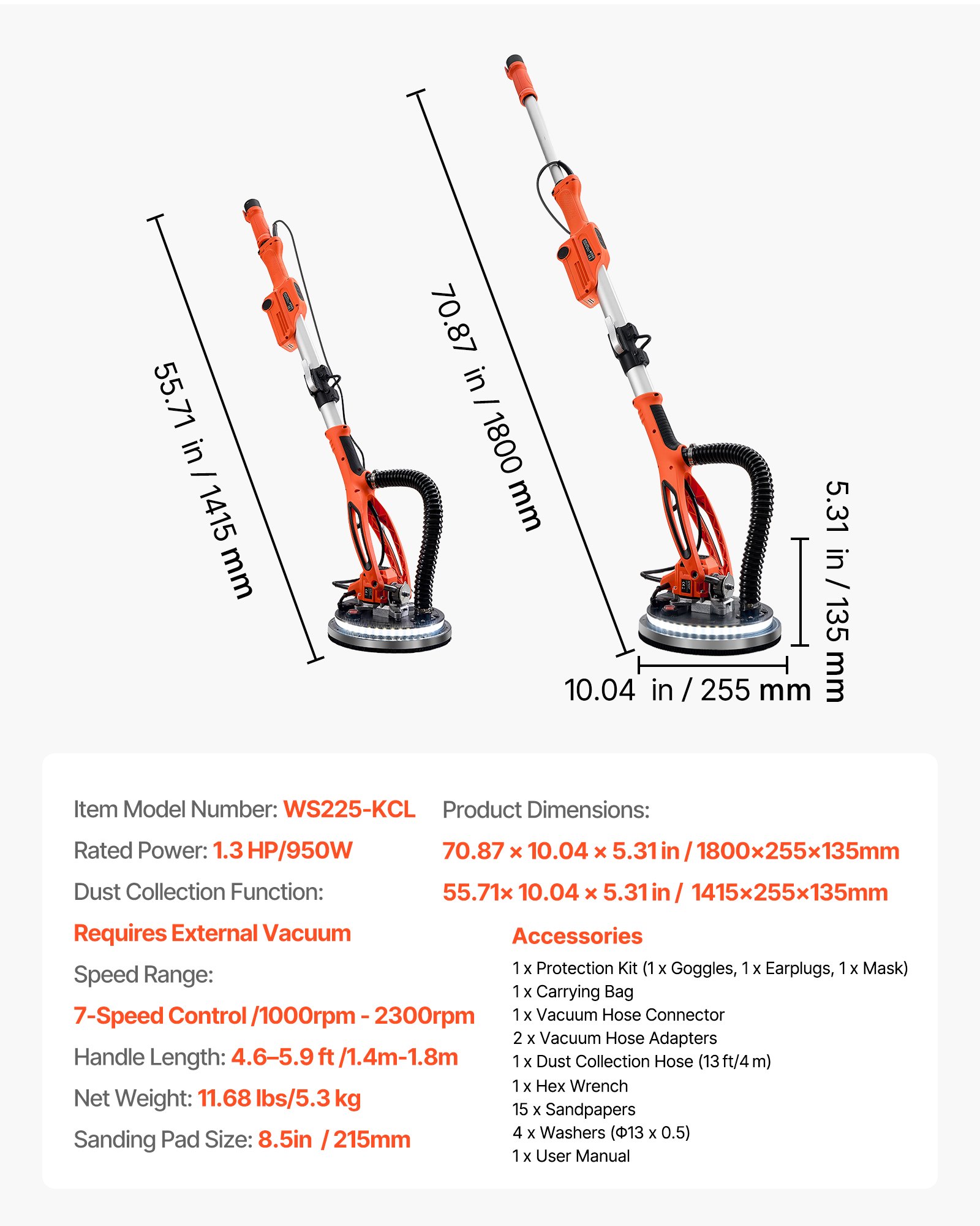 VEVOR Gipsplaatschuurmachine 950 W, Plafondschuurmachine met 255 mm schuurschijf, Schuurmachine met lange steel en een toerental van 1000–2300 rpm, Dubbelwandige LED-verlichting, Uitschuifbare handgreep, 15 schuurschijven, Stofslang