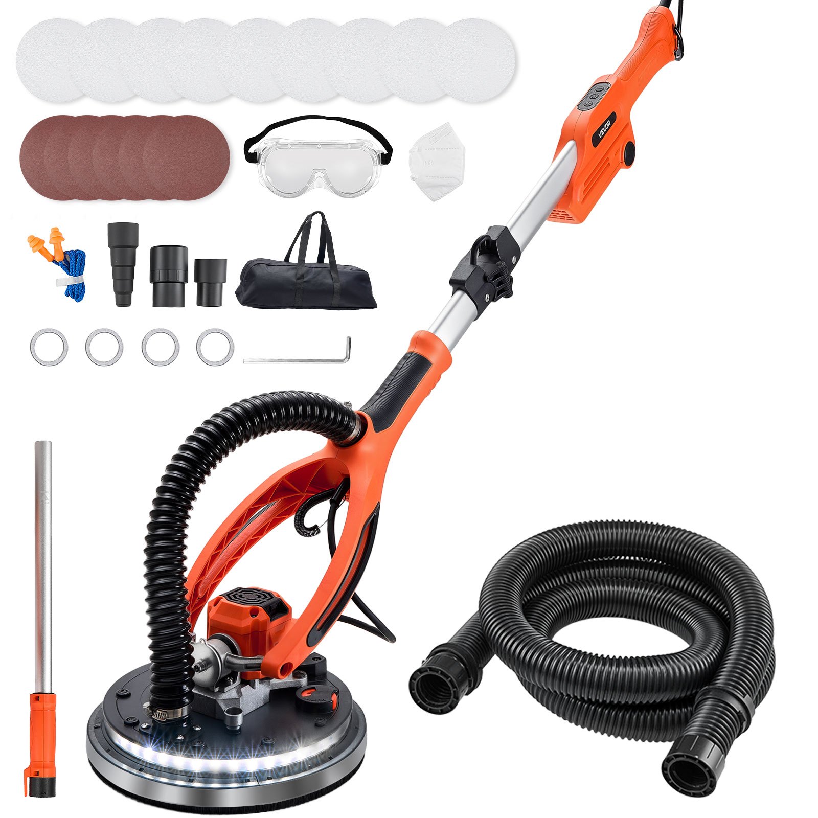 VEVOR Gipsplaatschuurmachine 950 W, Plafondschuurmachine met 255 mm schuurschijf, Schuurmachine met lange steel en een toerental van 1000–2300 rpm, Dubbelwandige LED-verlichting, Uitschuifbare handgreep, 15 schuurschijven, Stofslang