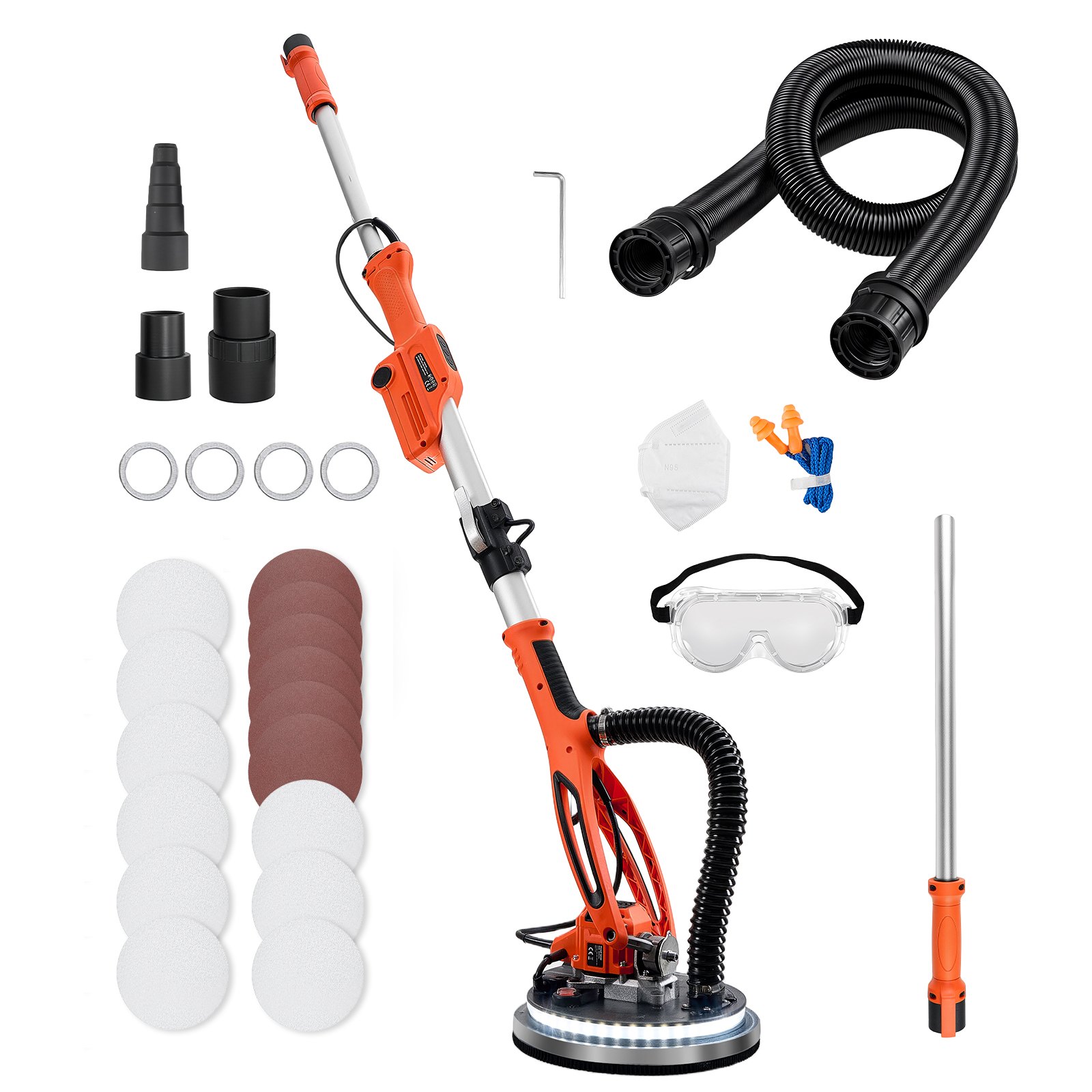 VEVOR Gipsplaatschuurmachine 950 W, Plafondschuurmachine met 255 mm schuurschijf, Schuurmachine met lange steel en een toerental van 1000–2300 rpm, Dubbelwandige LED-verlichting, Uitschuifbare handgreep, 15 schuurschijven, Stofslang