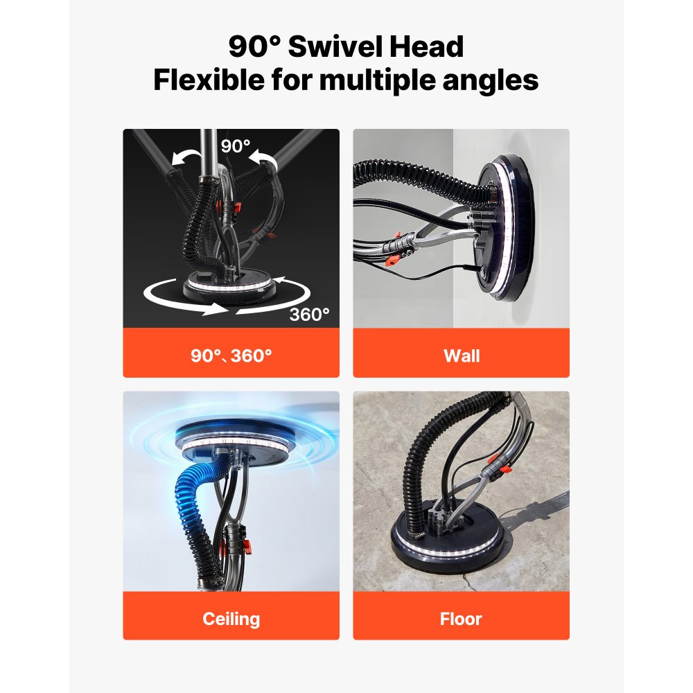 VEVOR gipsplaatschuurmachine, 1010 W plafondschuurmachine met 255 mm schuurschijf, schuurmachine met lange steel en een toerental van 1000–2200 rpm, dubbelwandige LED-verlichting, uitschuifbare handgreep, 15 schuurschijven, stofafzuigslang