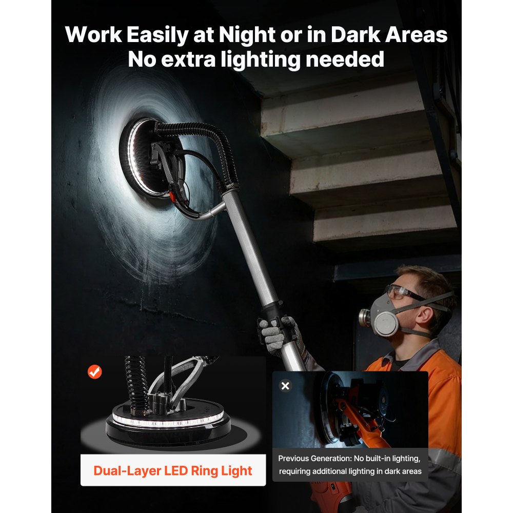 VEVOR gipsplaatschuurmachine, 1010 W plafondschuurmachine met 255 mm schuurschijf, schuurmachine met lange steel en een toerental van 1000–2200 rpm, dubbelwandige LED-verlichting, uitschuifbare handgreep, 15 schuurschijven, stofafzuigslang