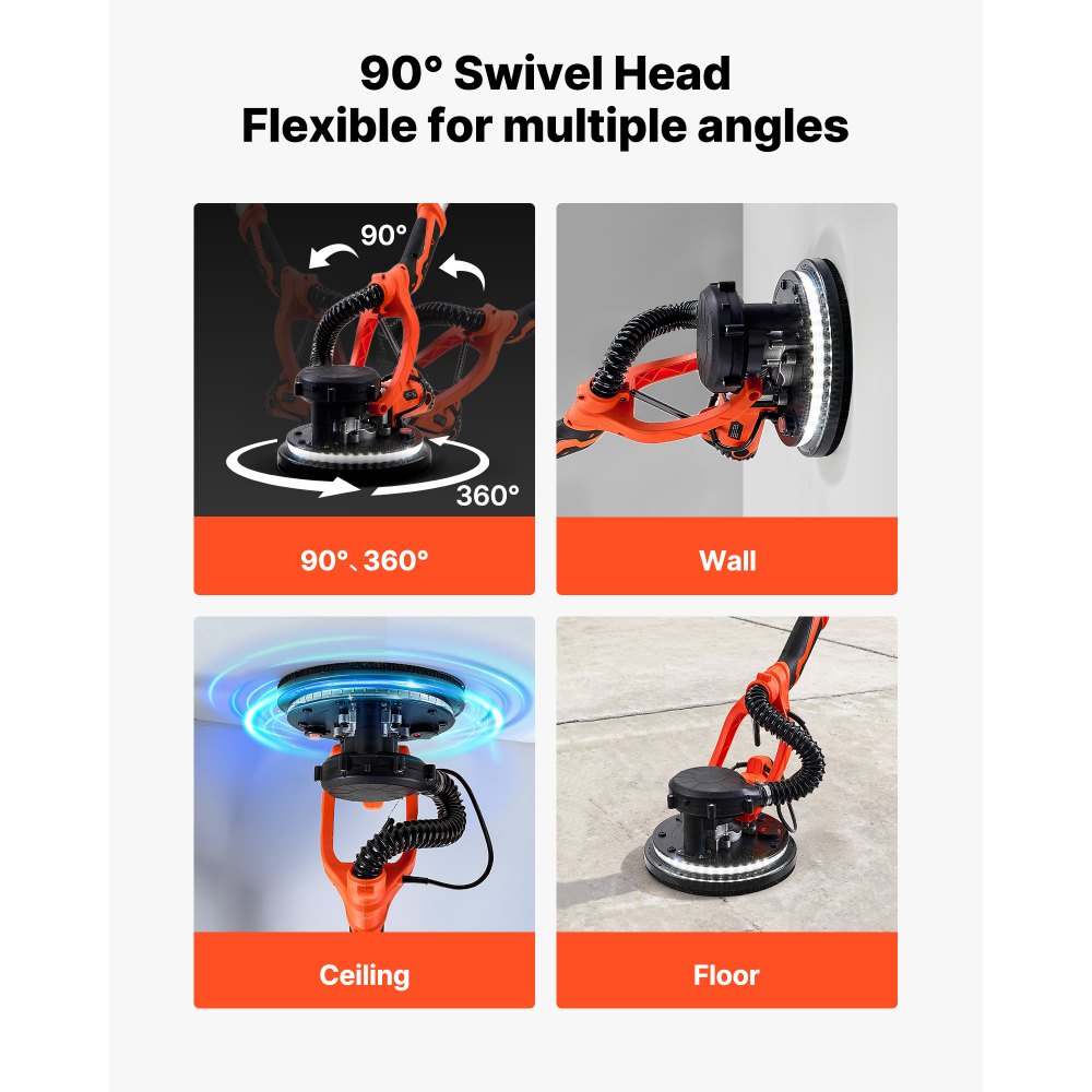 VEVOR Gipsplaatschuurmachine 1150 W, Plafondschuurmachine met 255 mm schuurschijf, Schuurmachine met lange steel en stofafzuiging, 800-1700 tpm, LED-verlichting, Uitschuifbare steel, 15 schuurschijven