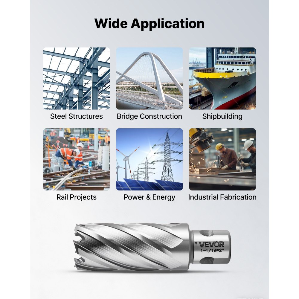 VEVOR Annular Cutter Set, 13 pcs Universal Shank Mag Drill Bits Kit, 2" Cutting Depth, 7/16" to 1-1/16" Cutting Diameter, HSS, 11 Drill Bits with 2 Pilot Pins, Plastic Case, for Magnetic Drills, Steel