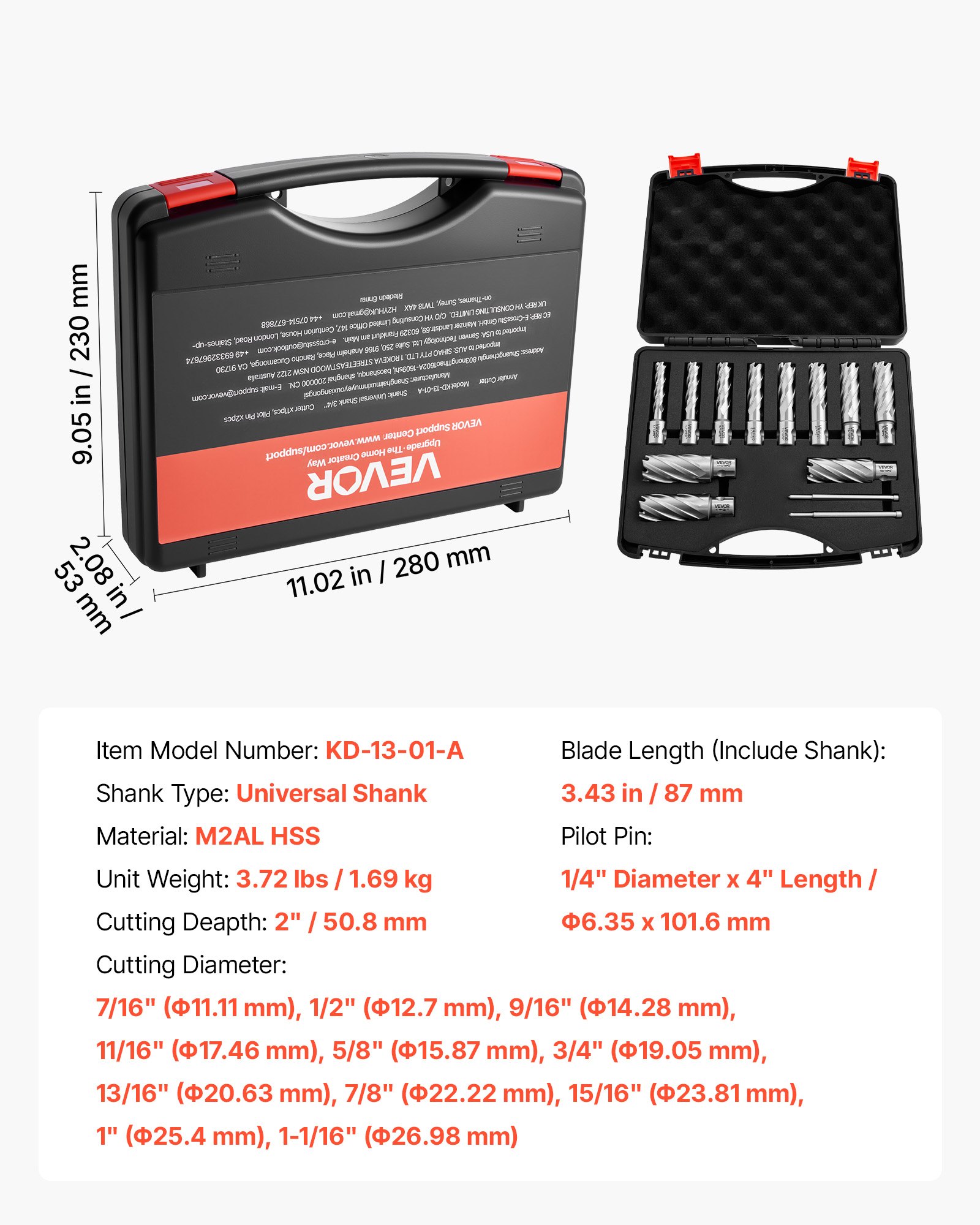 VEVOR Annular Cutter Set, 13 pcs Universal Shank Mag Drill Bits Kit, 2" Cutting Depth, 7/16" to 1-1/16" Cutting Diameter, HSS, 11 Drill Bits with 2 Pilot Pins, Plastic Case, for Magnetic Drills, Steel