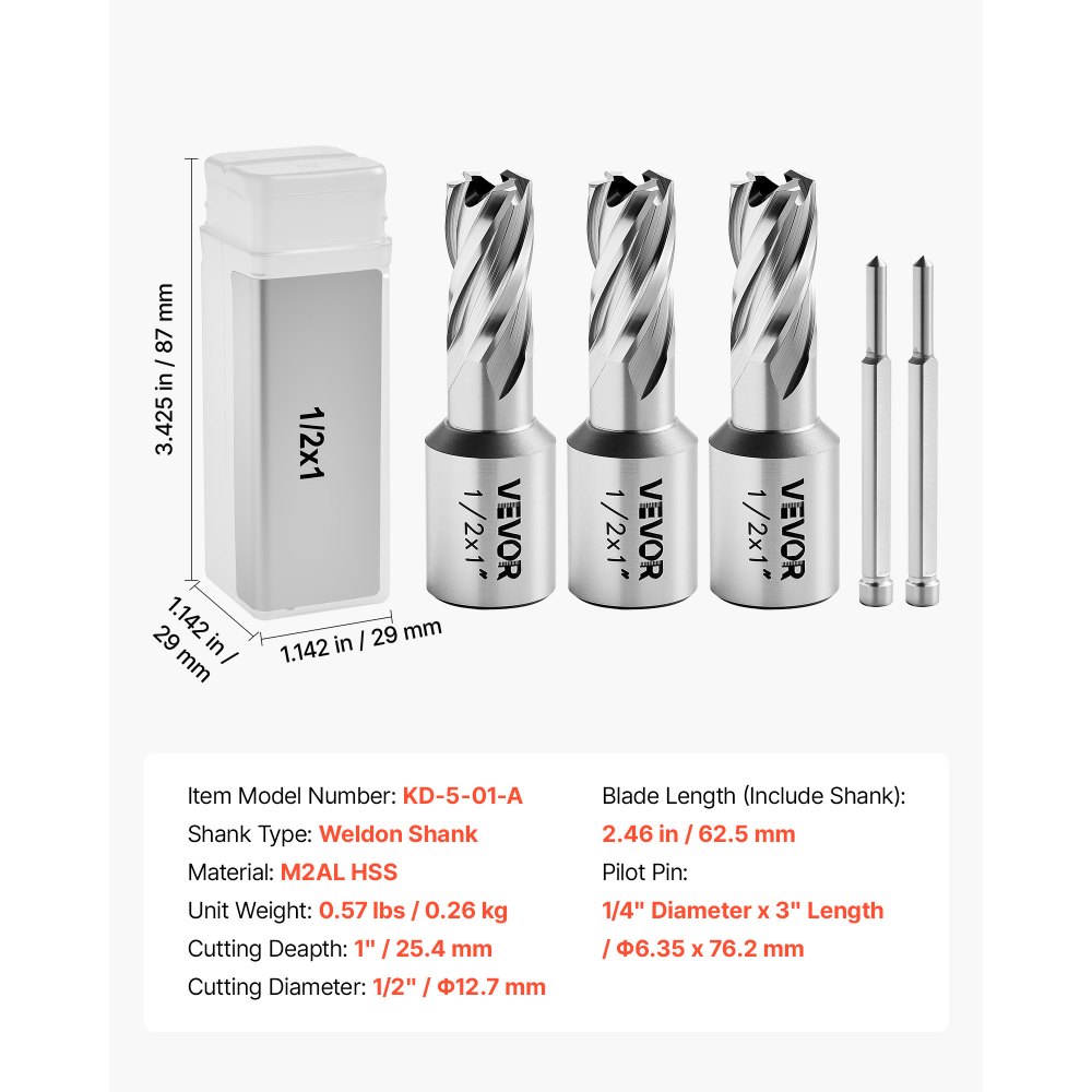 VEVOR HSS kernboorset, Weldon-schacht, 5-delig. Magnetische boorset, 25,4 mm snijdiameter, 3 boren met 2 centreerpinnen, 25,4 mm snijdiepte, 3 kunststof opbergdozen voor magnetische boormachines, staal, aluminium