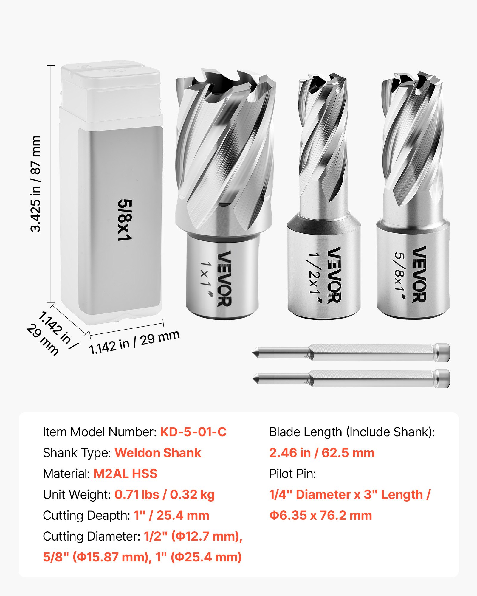 VEVOR Annular Cutter Set, 5 pcs Weldon Shank Mag Drill Bits Kit, 1" Cutting Depth, 1/2", 5/8", 1" Cutting Diameter, HSS, 3 Drill Bits with 2 Pilot Pins and 3 Plastic Cases, for Magnetic Drills, Steel
