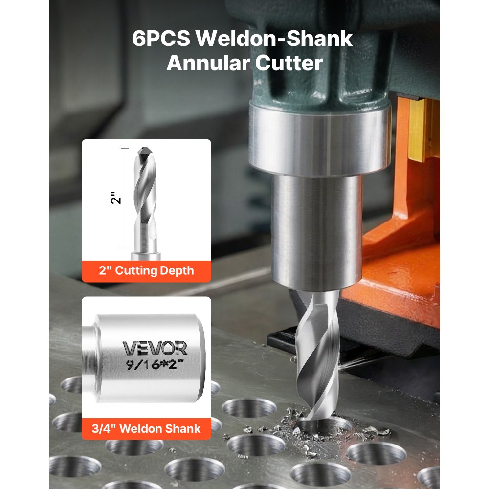 VEVOR HSS kernboorbitset, Weldon-schacht, 6-delig, magnetische boorbitset, 6,35–14,28 mm snijdiameter, 6 boren in kunststof koffer, 50,8 mm snijdiepte, ideaal voor magnetische boormachines, staal, aluminium, koper