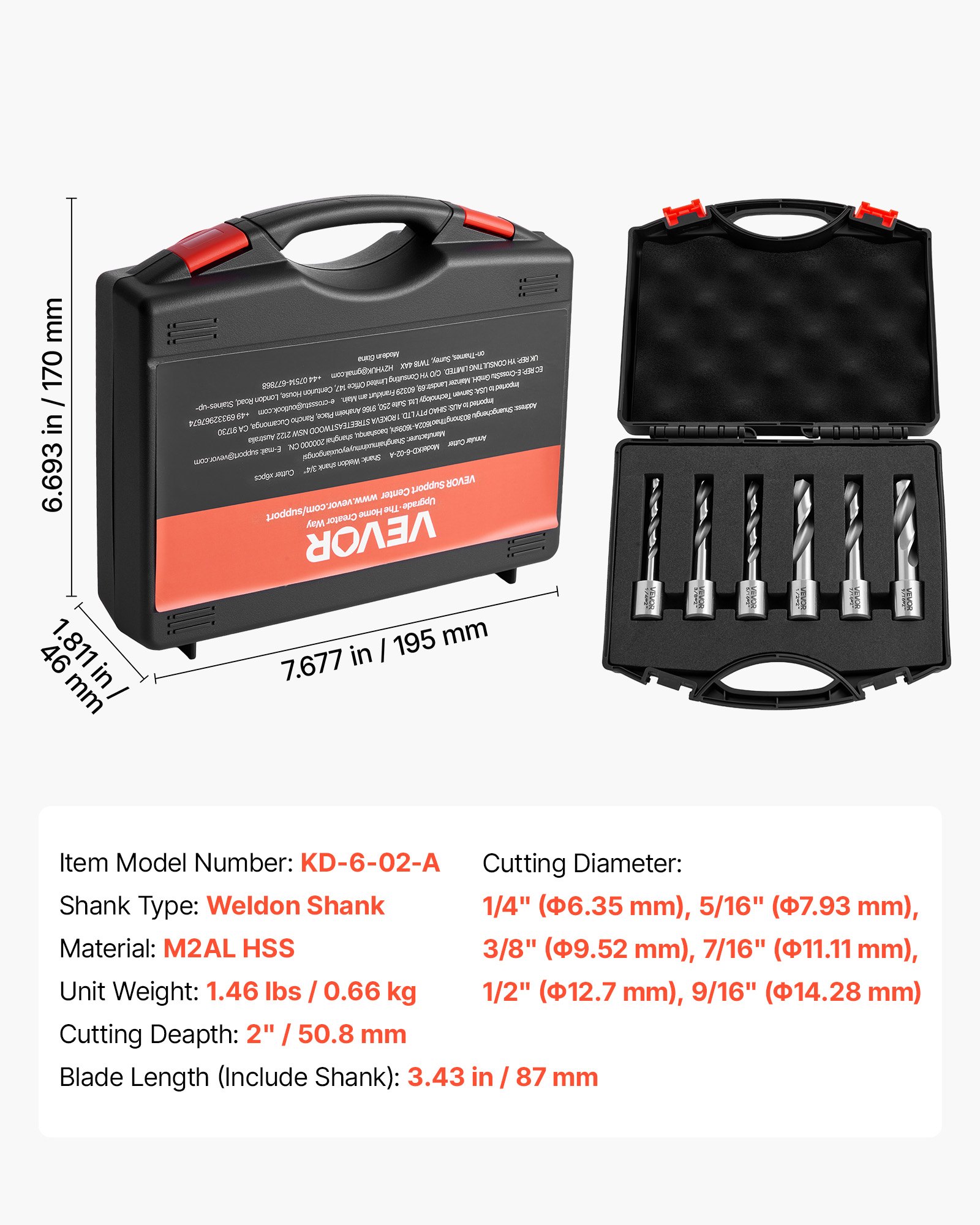 VEVOR HSS kernboorbitset, Weldon-schacht, 6-delig, magnetische boorbitset, 6,35–14,28 mm snijdiameter, 6 boren in kunststof koffer, 50,8 mm snijdiepte, ideaal voor magnetische boormachines, staal, aluminium, koper