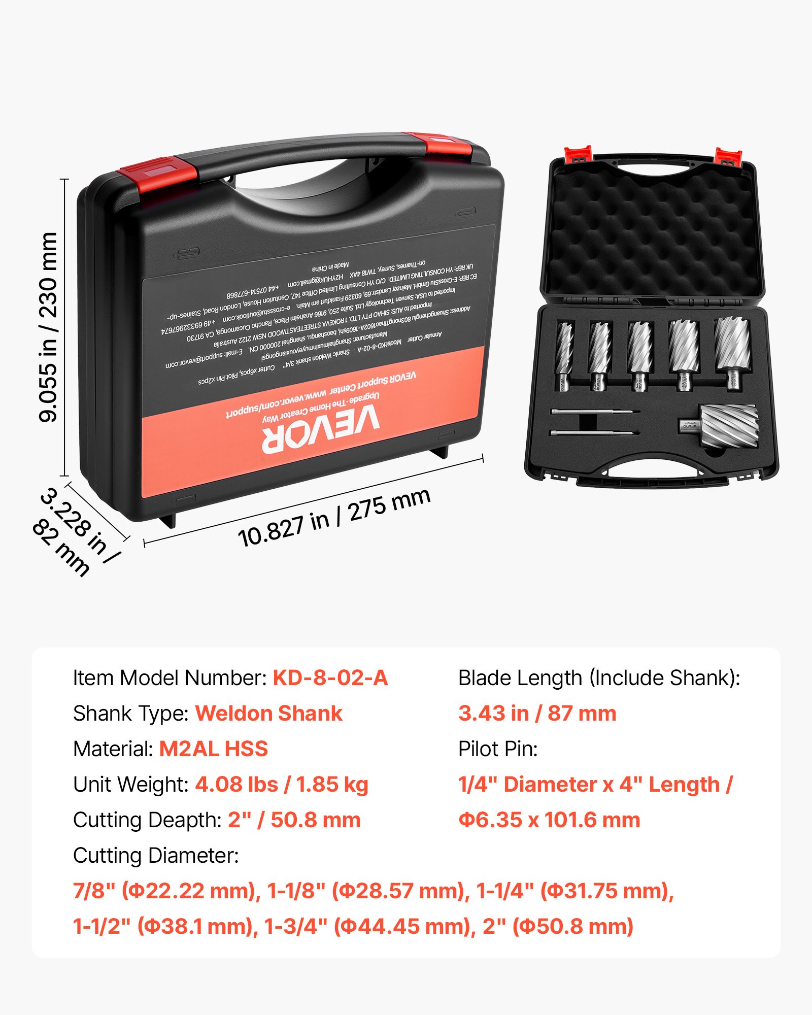 VEVOR Annular Cutter Set, 8 pcs Weldon Shank Mag Drill Bits Kit, 2" Cutting Depth, 7/8" to 2" Cutting Diameter, HSS, 6 Drill Bits with 2 Pilot Pins, Plastic Case, for Magnetic Drills, Steel, Aluminum