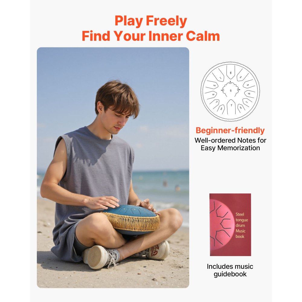 VEVOR Tongue Drum, Ø305 mm, 13 tonen, Rain Drum, C majeur, met muziekboek en stokken, percussie-instrument voor meditatie, yoga en muziekonderwijs voor beginners, Steel Tongue Drum, marineblauw