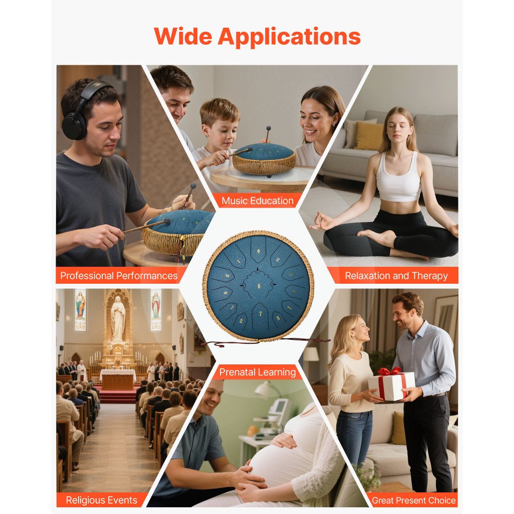 VEVOR Tongue Drum, Ø305 mm, 13 tonen, Rain Drum, C majeur, met muziekboek en stokken, percussie-instrument voor meditatie, yoga en muziekonderwijs voor beginners, Steel Tongue Drum, marineblauw