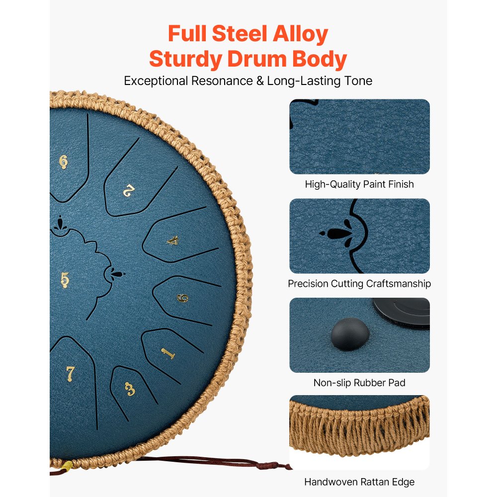 VEVOR Tongue Drum, Ø305 mm, 13 tonen, Rain Drum, C majeur, met muziekboek en stokken, percussie-instrument voor meditatie, yoga en muziekonderwijs voor beginners, Steel Tongue Drum, marineblauw