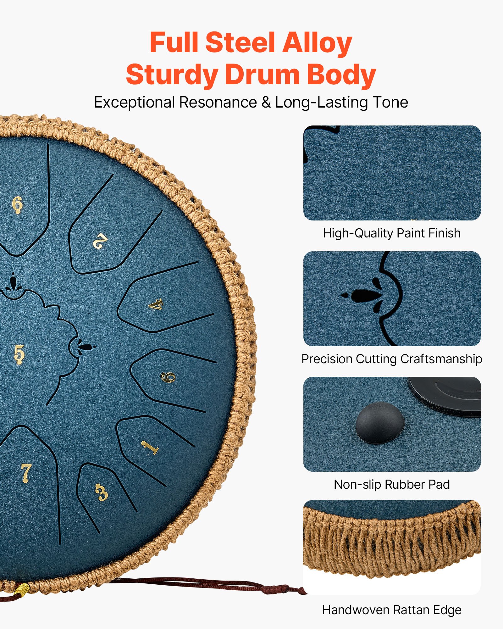 VEVOR Tongue Drum, Ø305 mm, 13 tonen, Rain Drum, C majeur, met muziekboek en stokken, percussie-instrument voor meditatie, yoga en muziekonderwijs voor beginners, Steel Tongue Drum, marineblauw