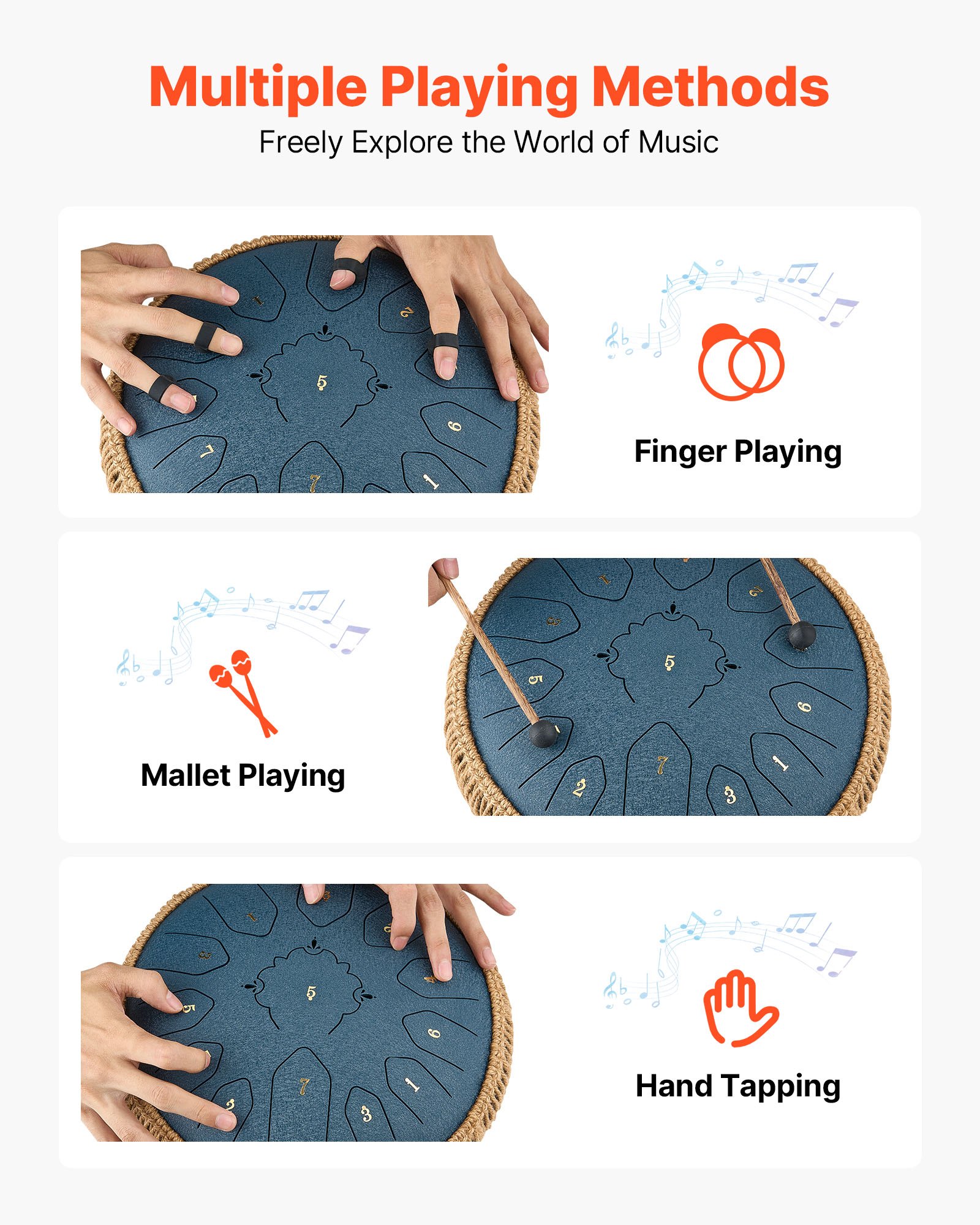 VEVOR Tongue Drum, Ø305 mm, 13 tonen, Rain Drum, C majeur, met muziekboek en stokken, percussie-instrument voor meditatie, yoga en muziekonderwijs voor beginners, Steel Tongue Drum, marineblauw