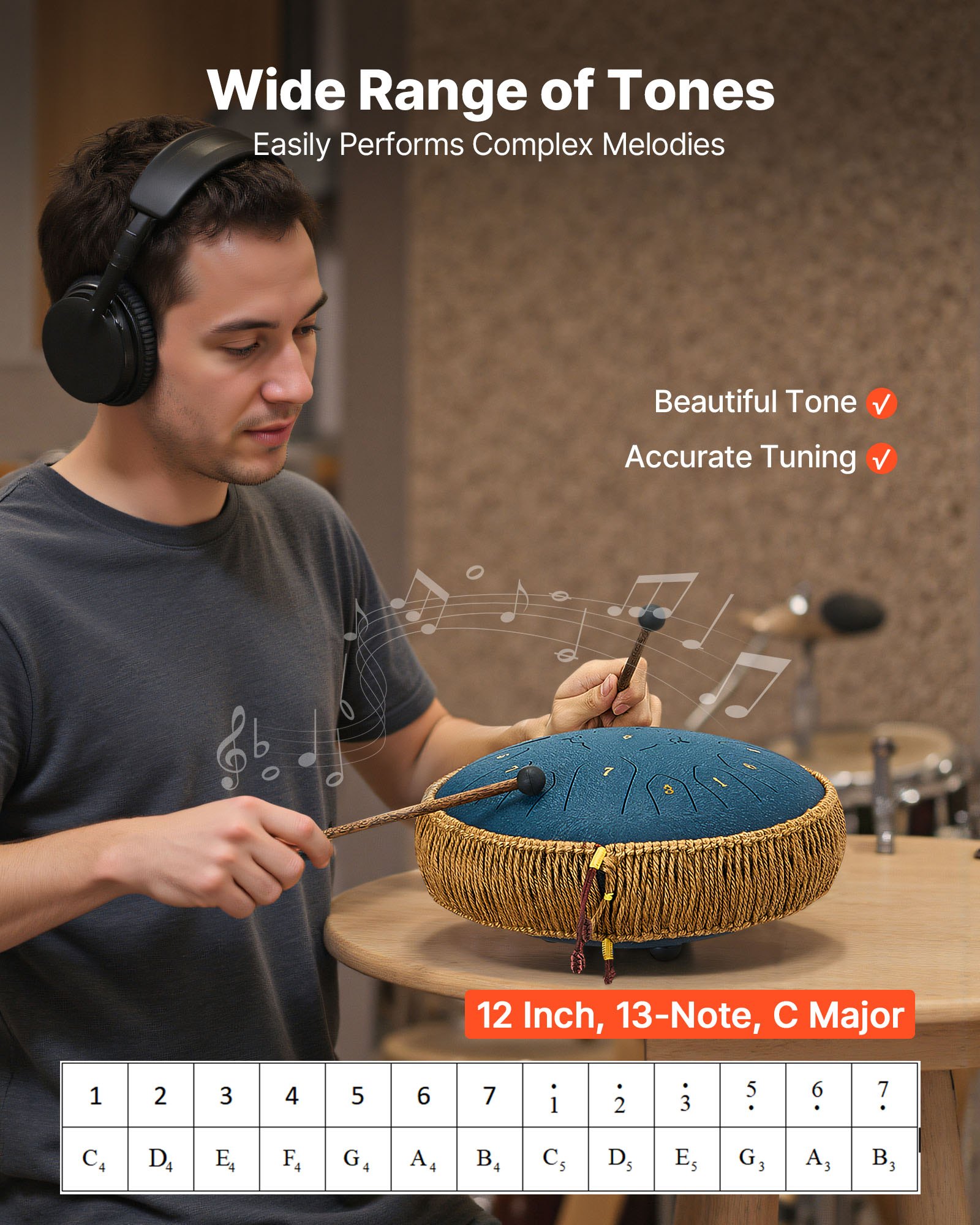 VEVOR Tongue Drum, Ø305 mm, 13 tonen, Rain Drum, C majeur, met muziekboek en stokken, percussie-instrument voor meditatie, yoga en muziekonderwijs voor beginners, Steel Tongue Drum, marineblauw