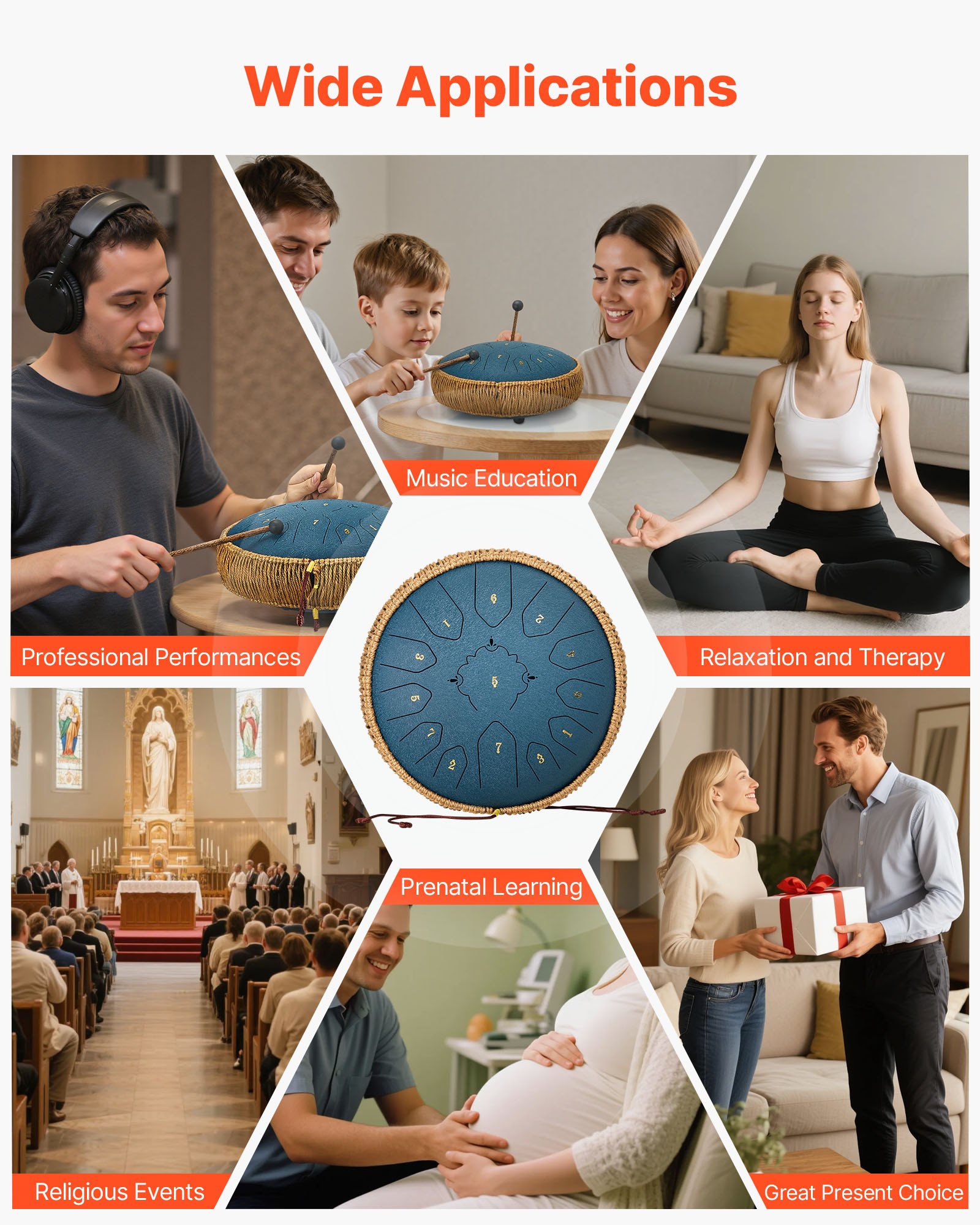 VEVOR Tongue Drum, Ø305 mm, 13 tonen, Rain Drum, C majeur, met muziekboek en stokken, percussie-instrument voor meditatie, yoga en muziekonderwijs voor beginners, Steel Tongue Drum, marineblauw