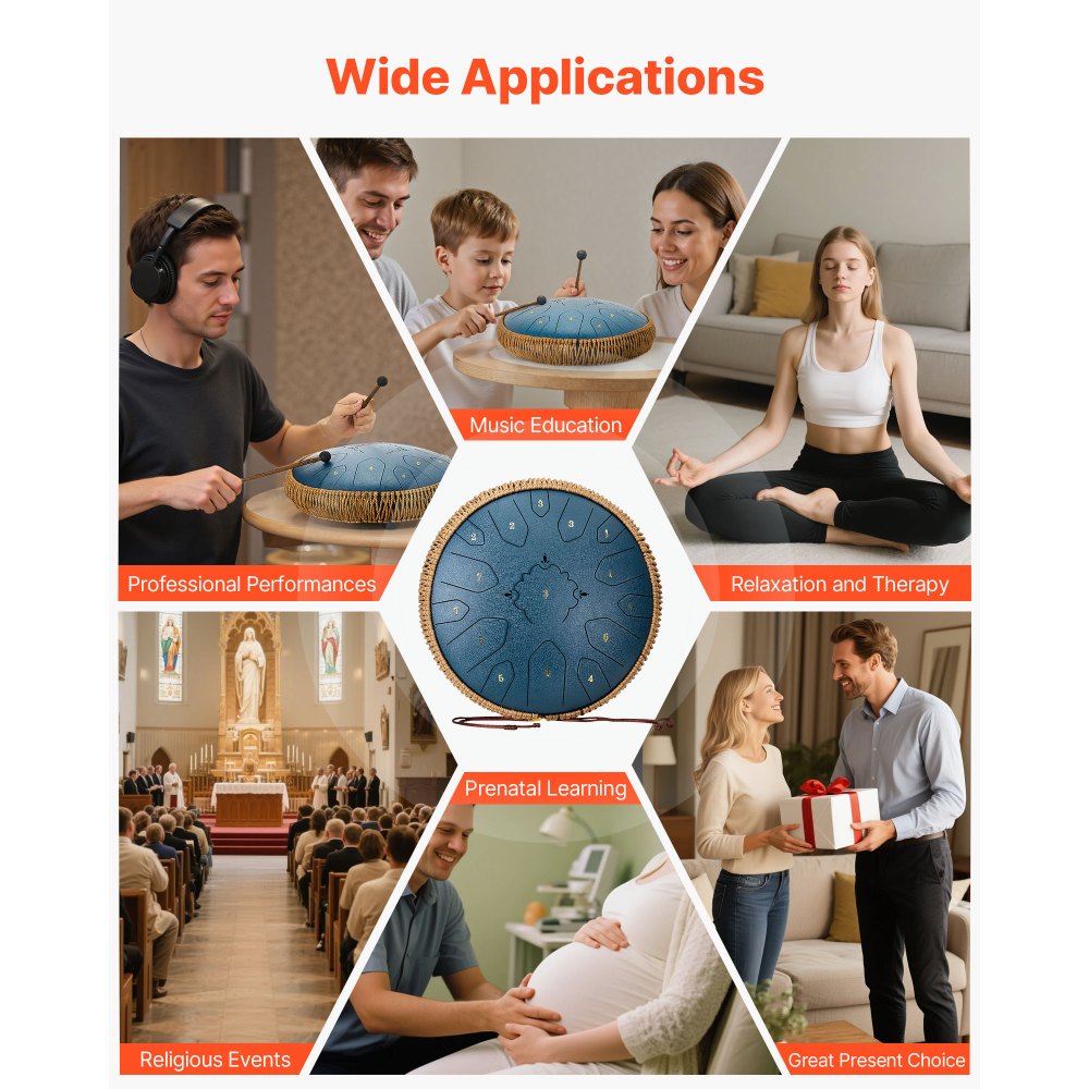 VEVOR Tongue Drum, 33 cm 15-toetsen Rain Drum, C Majeur Muzikale Drums met Muziekboek & Mallets, Stalen Tongue Drum voor Meditatie, Yoga, Muzikale Educatie voor Beginners, Marineblauw