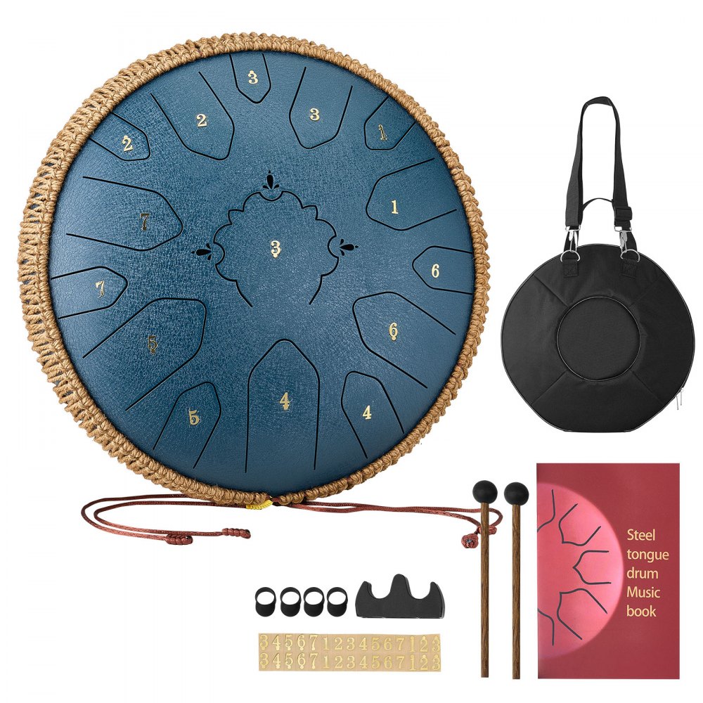 VEVOR Tongue Drum, 33 cm 15-toetsen Rain Drum, C Majeur Muzikale Drums met Muziekboek & Mallets, Stalen Tongue Drum voor Meditatie, Yoga, Muzikale Educatie voor Beginners, Marineblauw