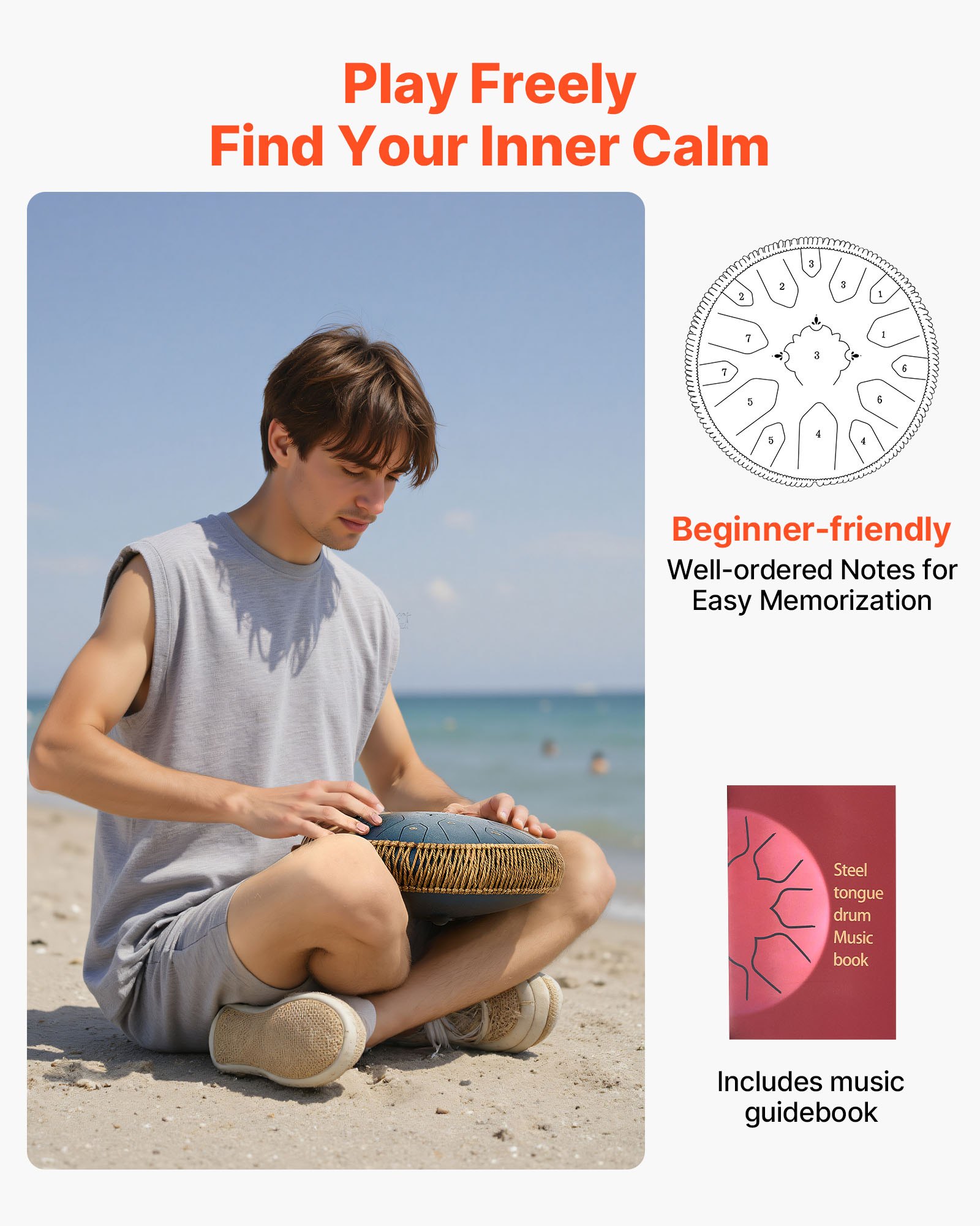 VEVOR Tongue Drum, 33 cm 15-toetsen Rain Drum, C Majeur Muzikale Drums met Muziekboek & Mallets, Stalen Tongue Drum voor Meditatie, Yoga, Muzikale Educatie voor Beginners, Marineblauw