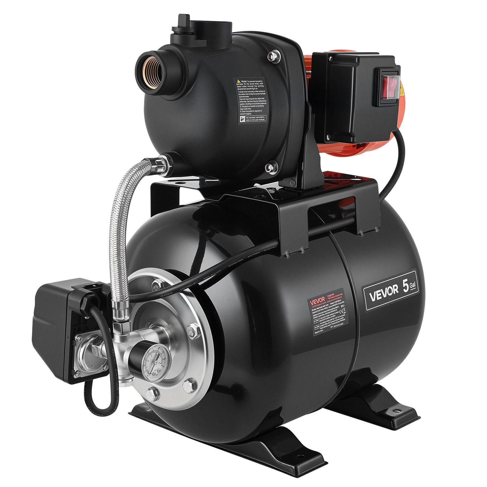 VEVOR 1.1 HP Shallow Well Pump with Pressure Tank, 230V 5000 LPH, Plastic Irrigation Jet Pump with 19 L Tank, Automatic Water Booster Transfer System, 1.4-2.8 bar Pressure Switch, for Home Garden Lawn