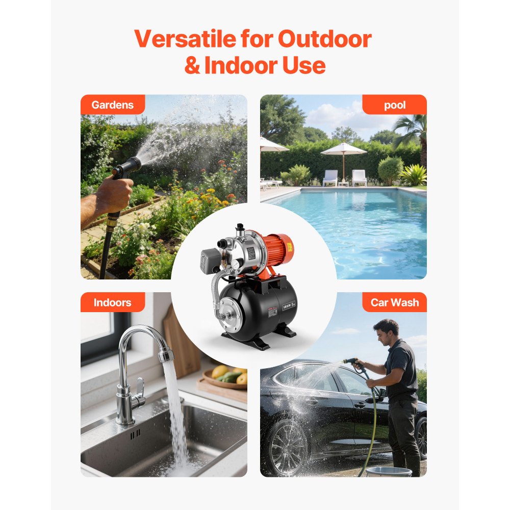 VEVOR Huishoudelijk Waterleidingsysteem 1,6 pk 5000 l/u Diepwaterpomp met drukvat, voor tuin, gazon en huishoudelijk water, 49 m opvoerhoogte, 8 m aanzuighoogte, IPX4 waterdichtheid en manometer