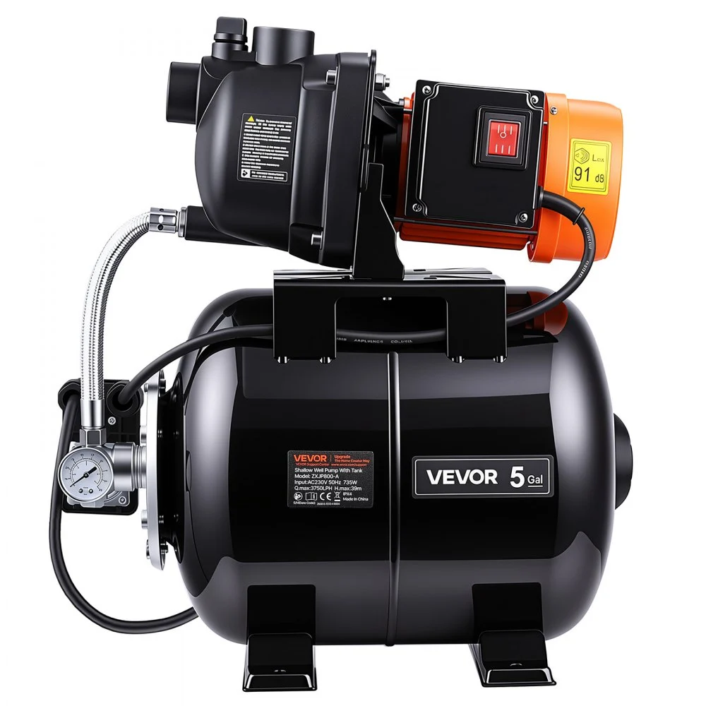 VEVOR wateraanvoersysteem voor huishoudelijk gebruik met drukvat van 19 liter, tuinpomp van 3750 l/u, zwart. Ideaal voor watervoorziening in huis en tuinirrigatie met drukschakelaar (1,4–2,8 bar), manometer, opvoerhoogte van 39 m en IPX4-beschermingsklasse.
