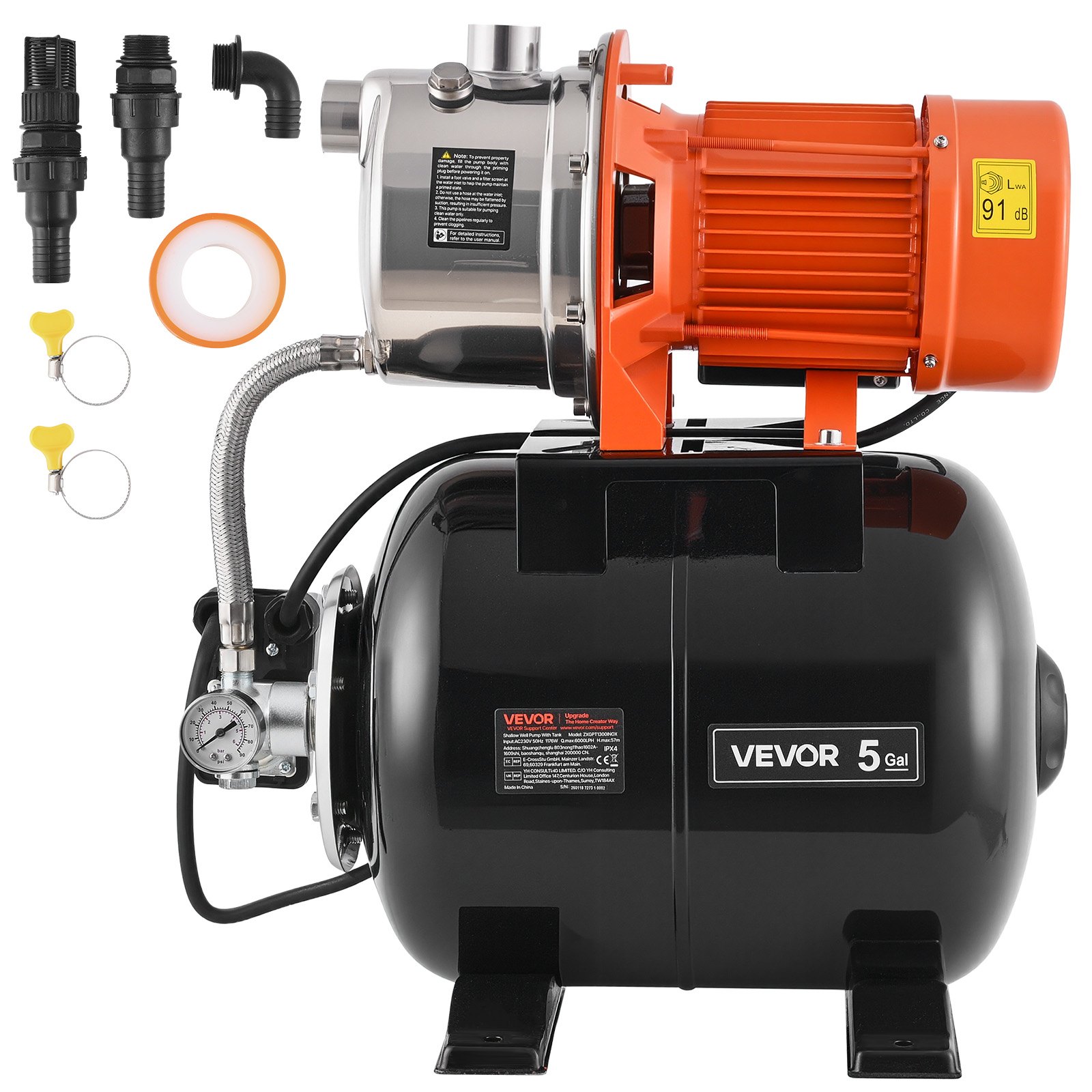 VEVOR huishoudelijk wateraanvoersysteem 1176 W, 6000 l/u jetpomp met 19 l drukvat, 57 m opvoerhoogte, incl. automatisch wateraanvoersysteem en roestvrijstalen pompkop, voor tuinirrigatie en huishoudelijk wateraanvoersysteem.